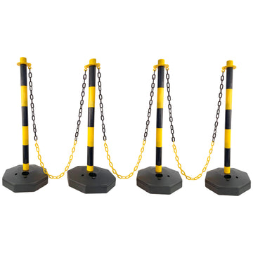 4 Pack Traffic Delineator Post Cones With Fillable Base, Adjustable Plastic Safety Barrier With 5Ft Plastic Chain, Outdoor And Indoor Crowd Control Stanchion For Traffic Control And Warning Y B Yellow Black Plastic