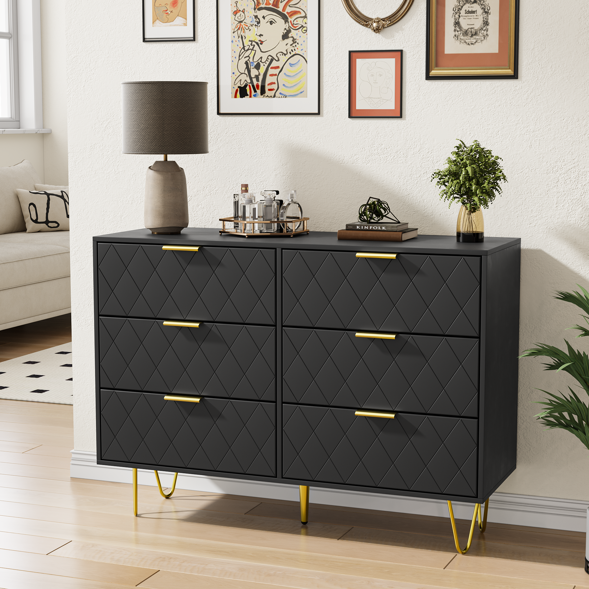 Modern Black 6 Drawers For Bedroom, Small Size Modern 6 Drawer Dresser, Wide Chest Of Drawers With Gold Handles, Wood Double Dresser Storage Cabinet For Living Room, Bedroom, Hallway Black Bedroom Mdf