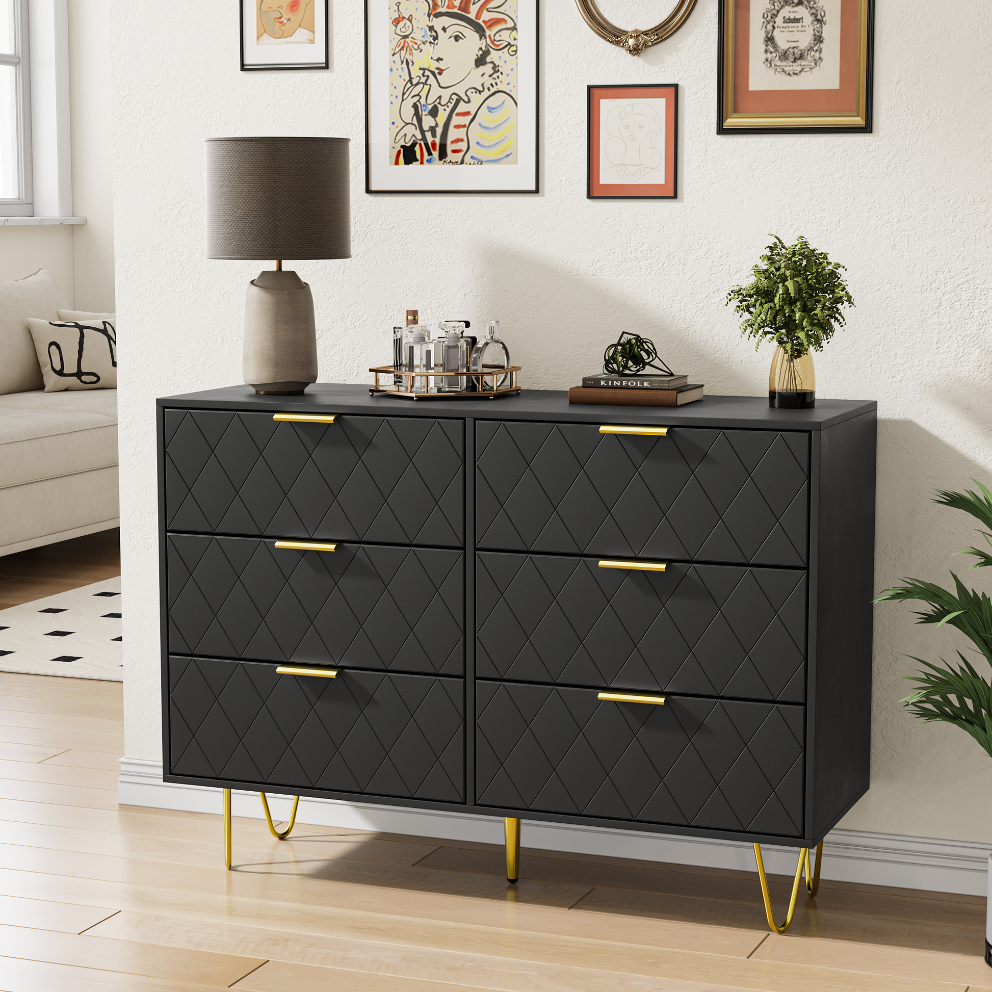 Modern Black 6 Drawers For Bedroom, Small Size Modern 6 Drawer Dresser, Wide Chest Of Drawers With Gold Handles, Wood Double Dresser Storage Cabinet ... Modern Black 6 Drawers For Bedroom, Small Size Modern 6 Drawer Dresser, Wide Chest Of Drawers With Gold Handles, Wood Double Dresser Storage Cabinet ...