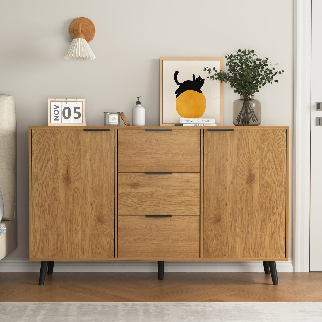 Sideboard Buffet Cabinet With Storage, Wood Coffee Bar Cabinet, 47.2" Kitchen Cabinet With 3 Drawers & 2 Doors, Kitchen Buffet Cabinet Cupboard Natural Wood Color 5 Or More Spaces Natural Particle Board