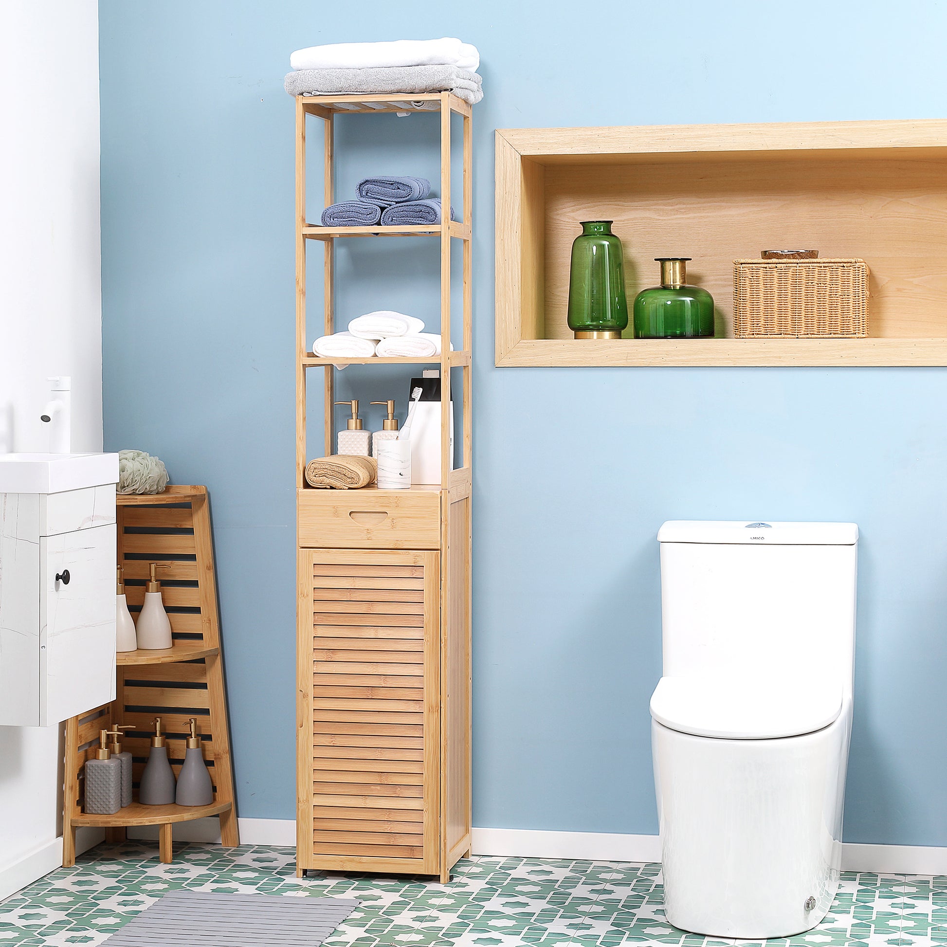 Kleankin Tall Bathroom Cabinet With Drawer And Slatted Shelves, Slim Bamboo Linen Tower With Louvered Door, Natural Natural Wood Bamboo