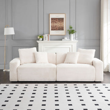 104.72 Inch 4 Seat Large Sofa With 4 Throw Pillows, Living Room Sofa Beige Corduroy Fabric Beige Corduroy 3 Seat