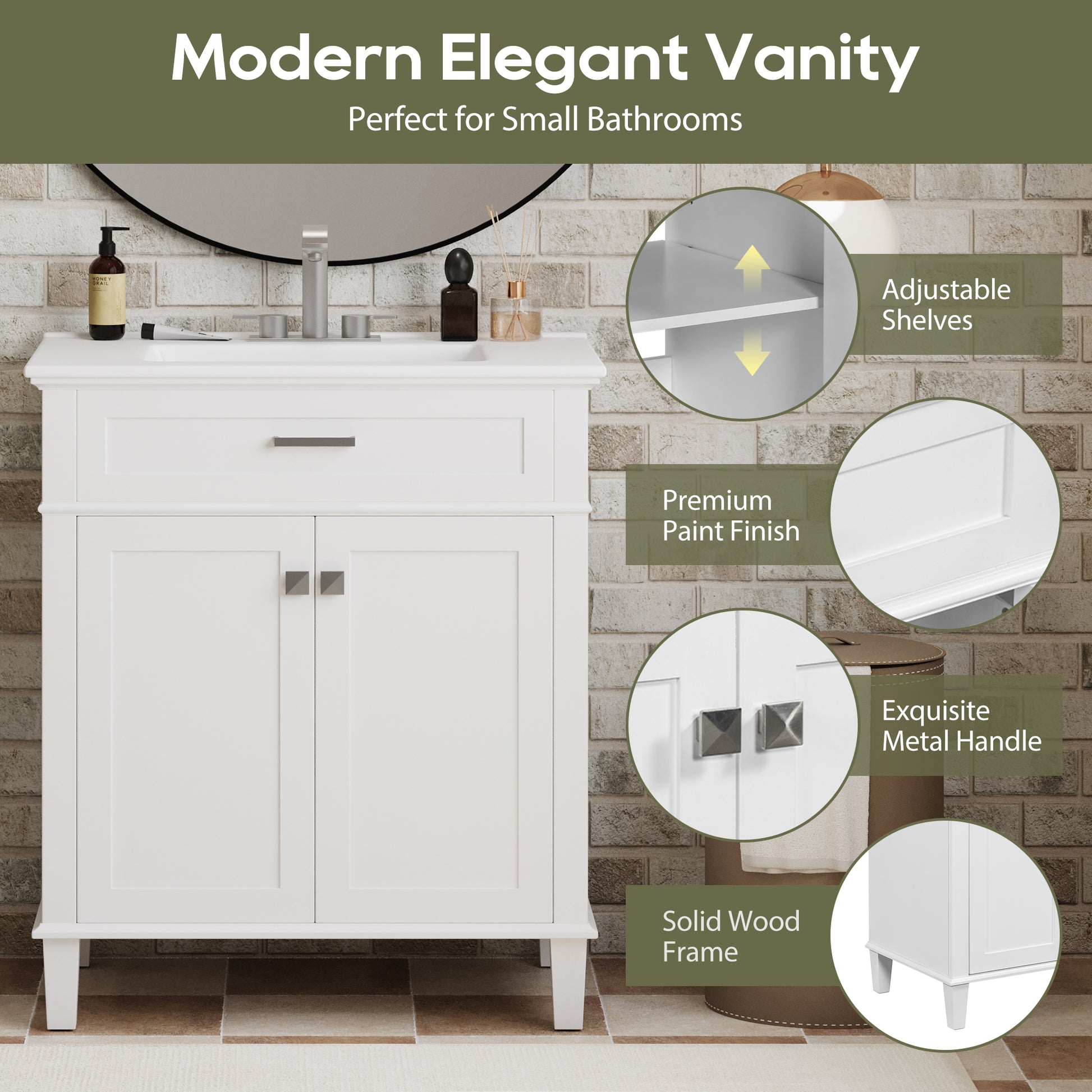 30 Inch Bathroom Vanity With Ceramic Basin, Soft Close Door And Adjustable Shelves White Bathroom Solid Wood Mdf