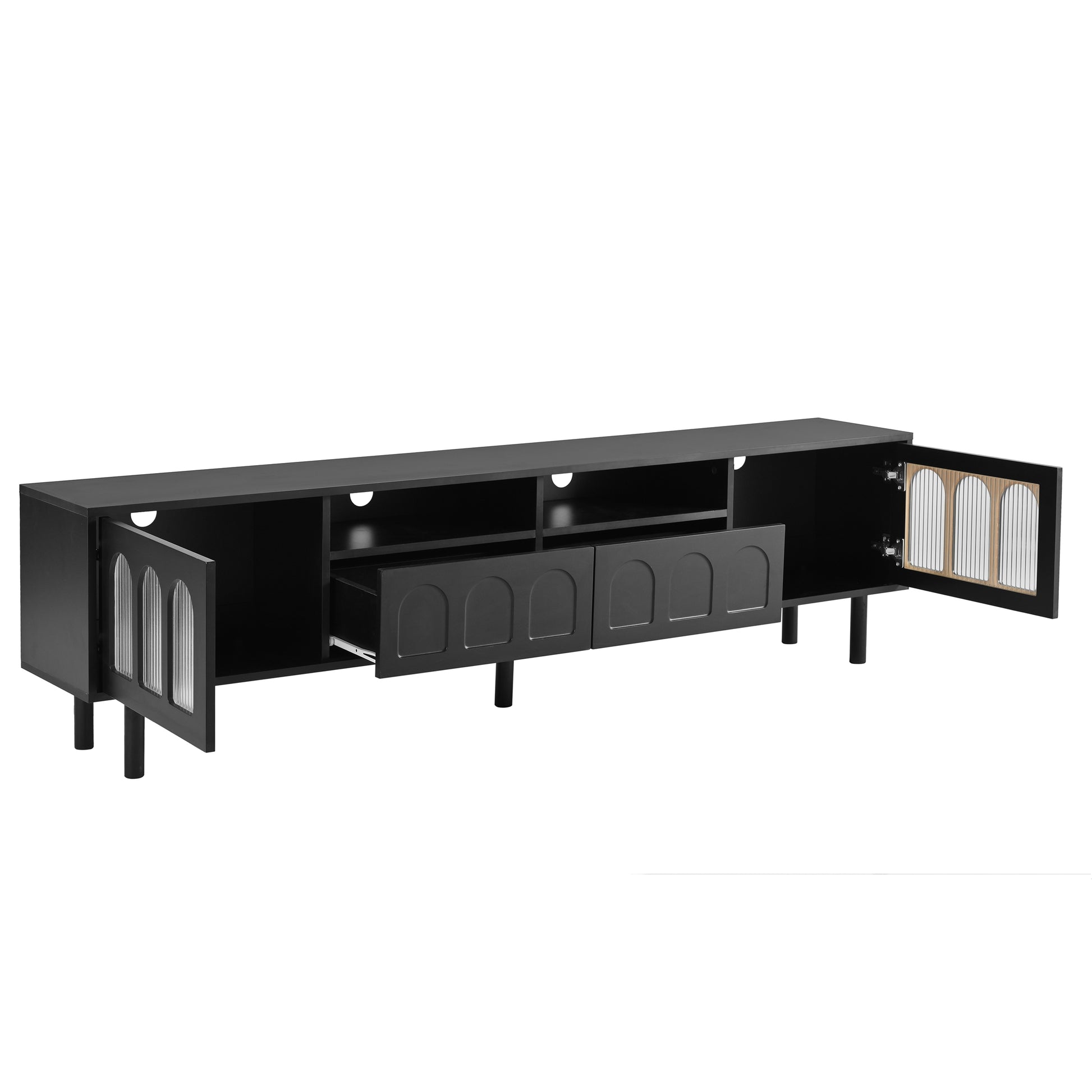 Cream Style Tv Stand With Led Light Strip For Tvs Up To 80'', Graceful Entertainment Center With 5 Solid Wood Legs, Large Storage Media Console With Fluted Tempered Glass Doors, Black Black 80 89 Inches Particle Board