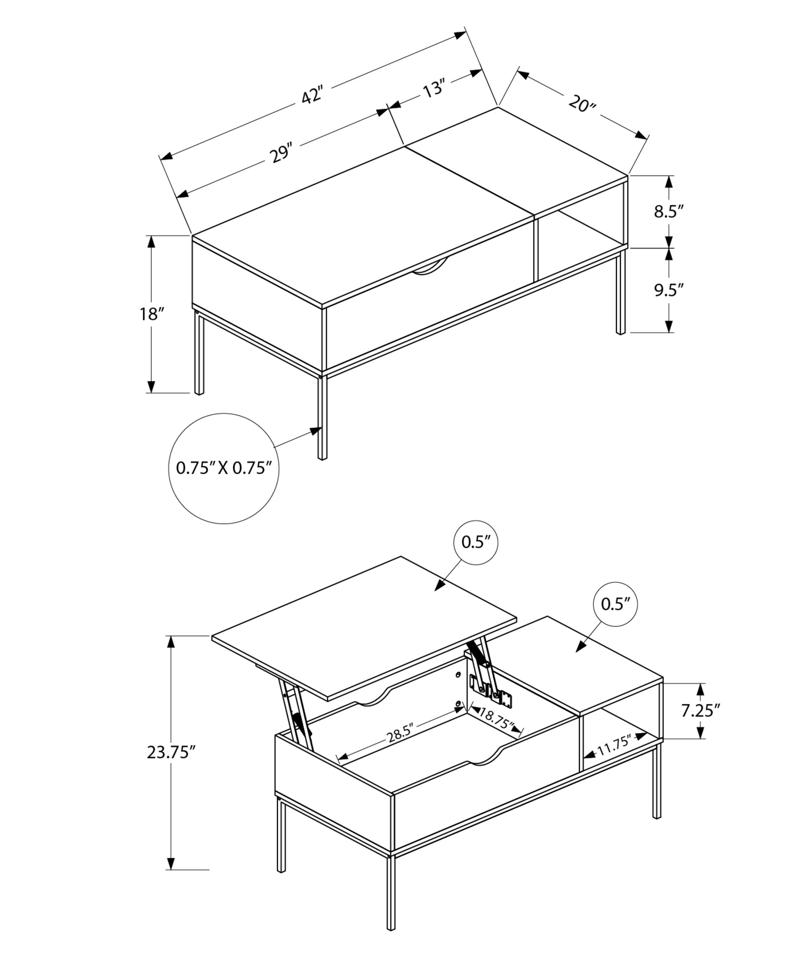 Coffee Table, 42" L, Rectangular, Cocktail, Lift Top, Grey, Black Metal, Contemporary, Modern Grey Particle Board