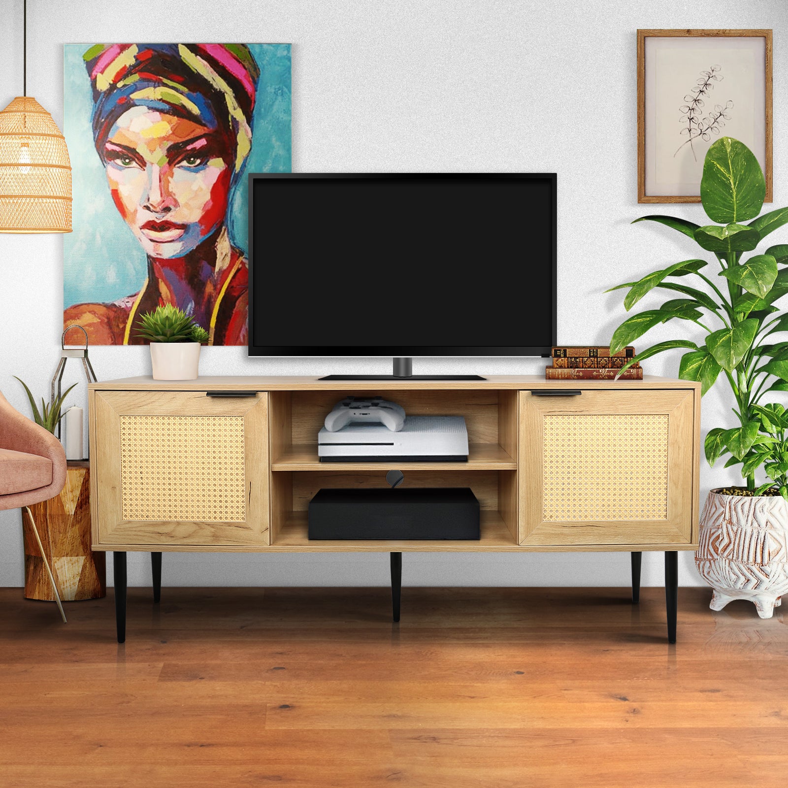 Wooden Tv Stand For Tvs Up To 65 Inches,With 2 Rattan Decorated Doors And 2 Open Shelves,Living Room Tv Console Table Wooden Entertainment Unit, Natural Color Natural Particle Board