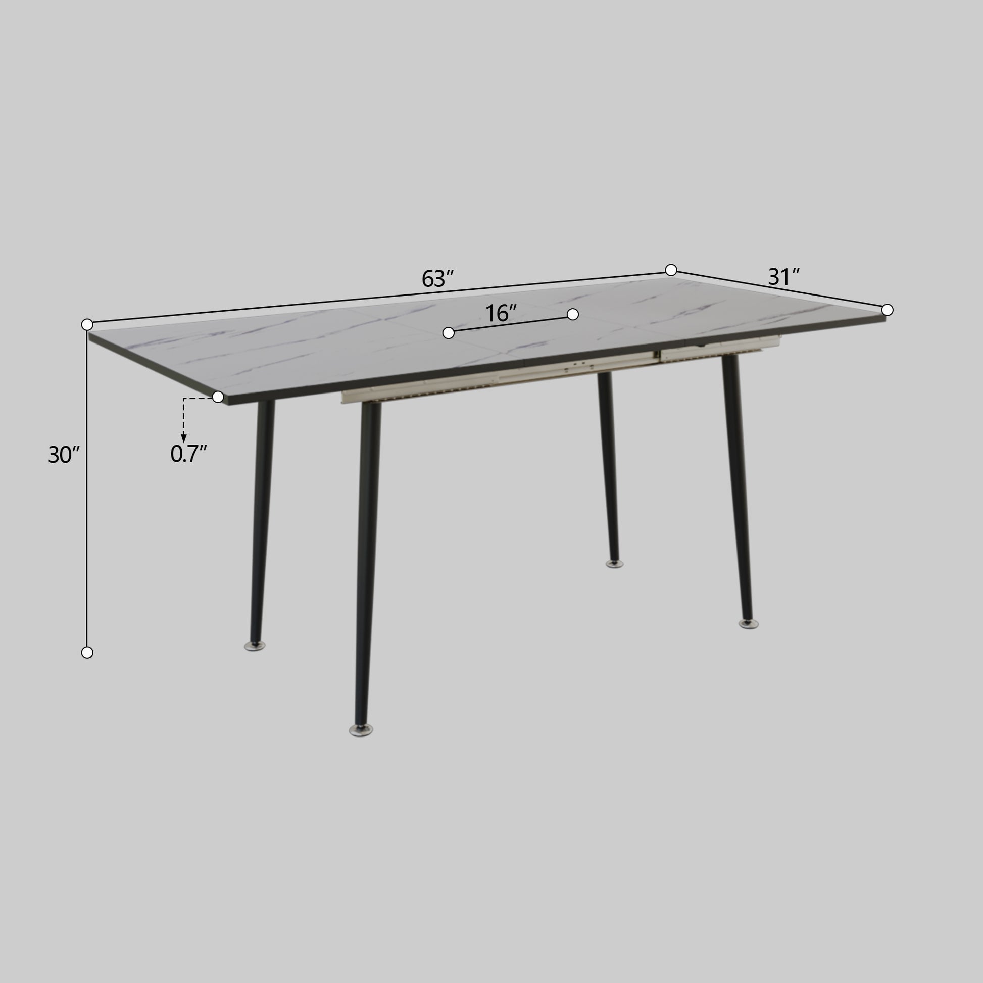 63" Mdf Square White Marble Pattern Stretchable Dining Table, Modern Industrial Kitchen And Dining Table, Equipped With Tapered Black Metal Legs White Mdf