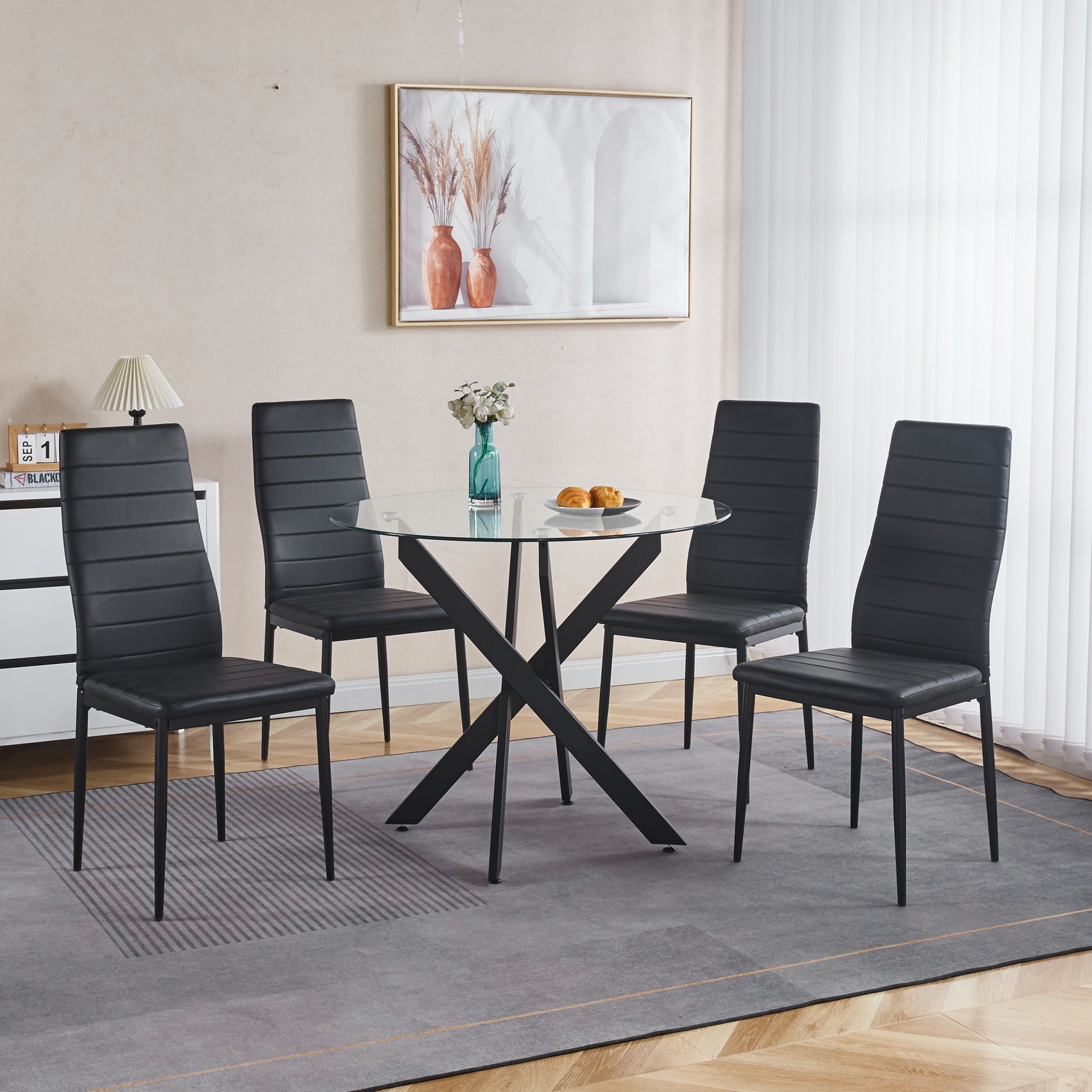 Black Dining Table With Cross Metal Leg And Tempered Glass,Modern Space Saving Kitchen Table For Living Room Black Glass Metal