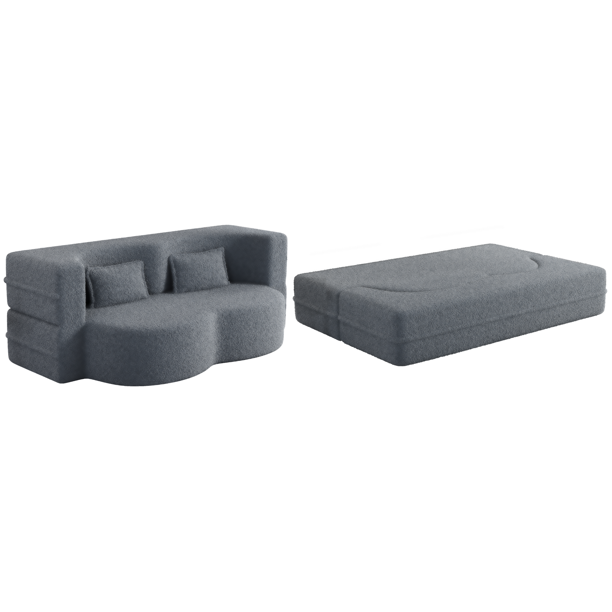 Modern Floor Sofa With 2 Pillows,Convertible Teddy Fabric Foam Filled Sleeper Sofa Bed,15" Full Size Folding Mattress For Living Room, Guest Bed, Playroom,No Assembly Required.Grey Grey Foam Spring 2 Seat