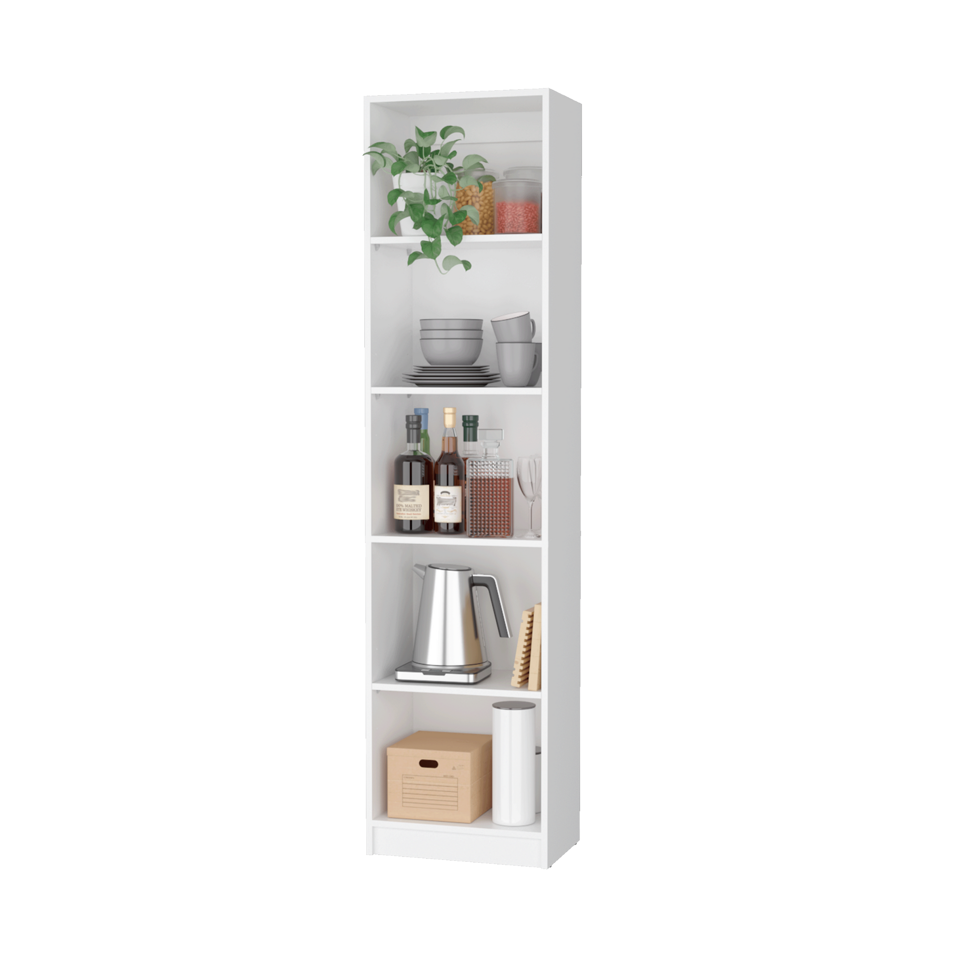 Sutton Slim Bookcase With Modern 5 Shelf Design White Particle Board Engineered Wood