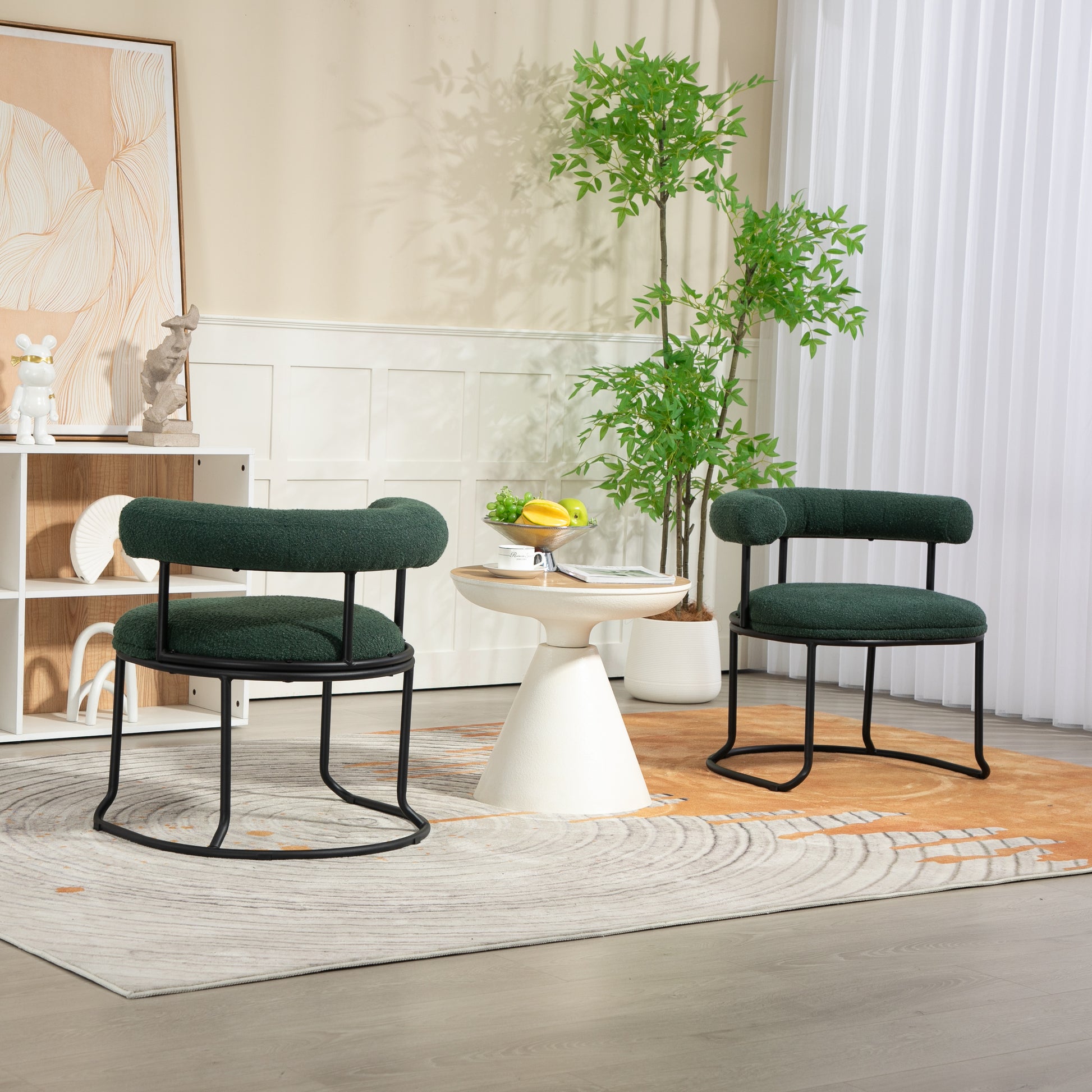 Coolmore Boucle Dining Chairs Set Of 2, Mid Century Modern Curved Backrest Chair, Round Upholstered Kitchen Chairs Emerald Boucle Emerald Foam Mdf Metal