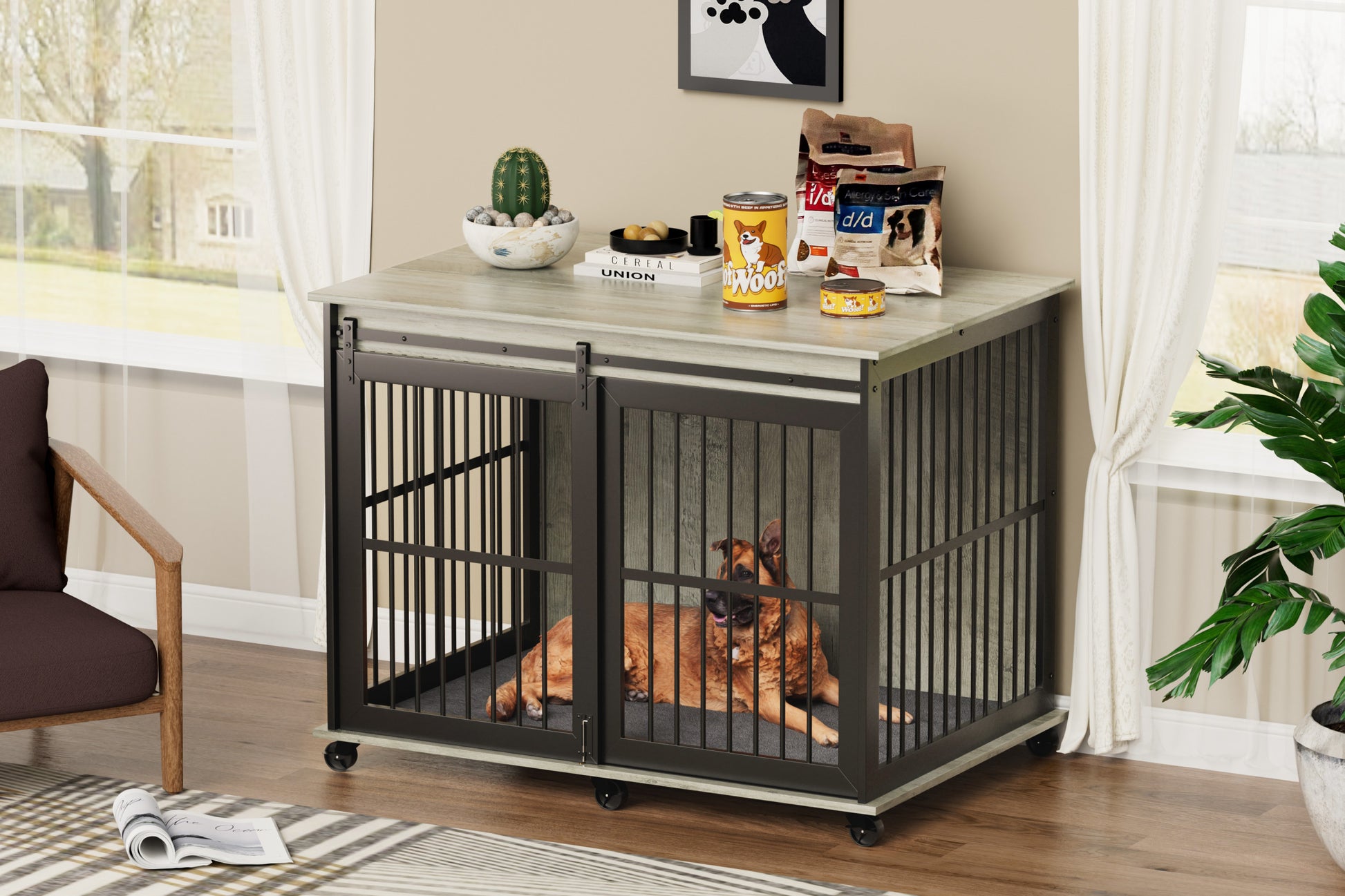 Furniture Dog Crate Sliding Iron Door Dog Crate With Mat. Grey,43.7''W X 30''D X 33.7''H Grey Dog Particle Board