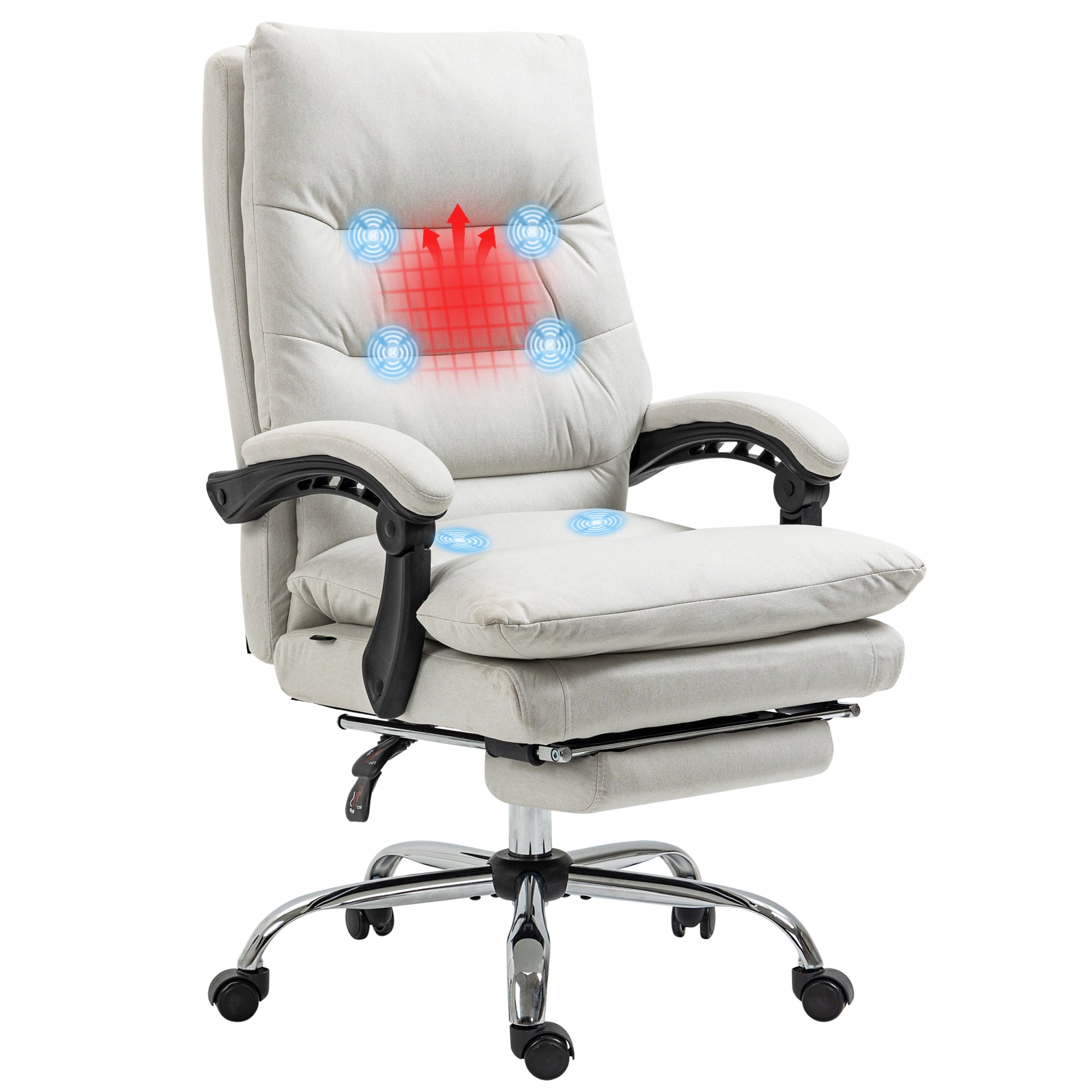 Vinsetto Microfibre Executive Massage Office Chair, Computer Desk Chair, Heated Reclining Chair With Footrest, Double Tier Padding, Swivel Wheels, Cream White Cream White Polyester
