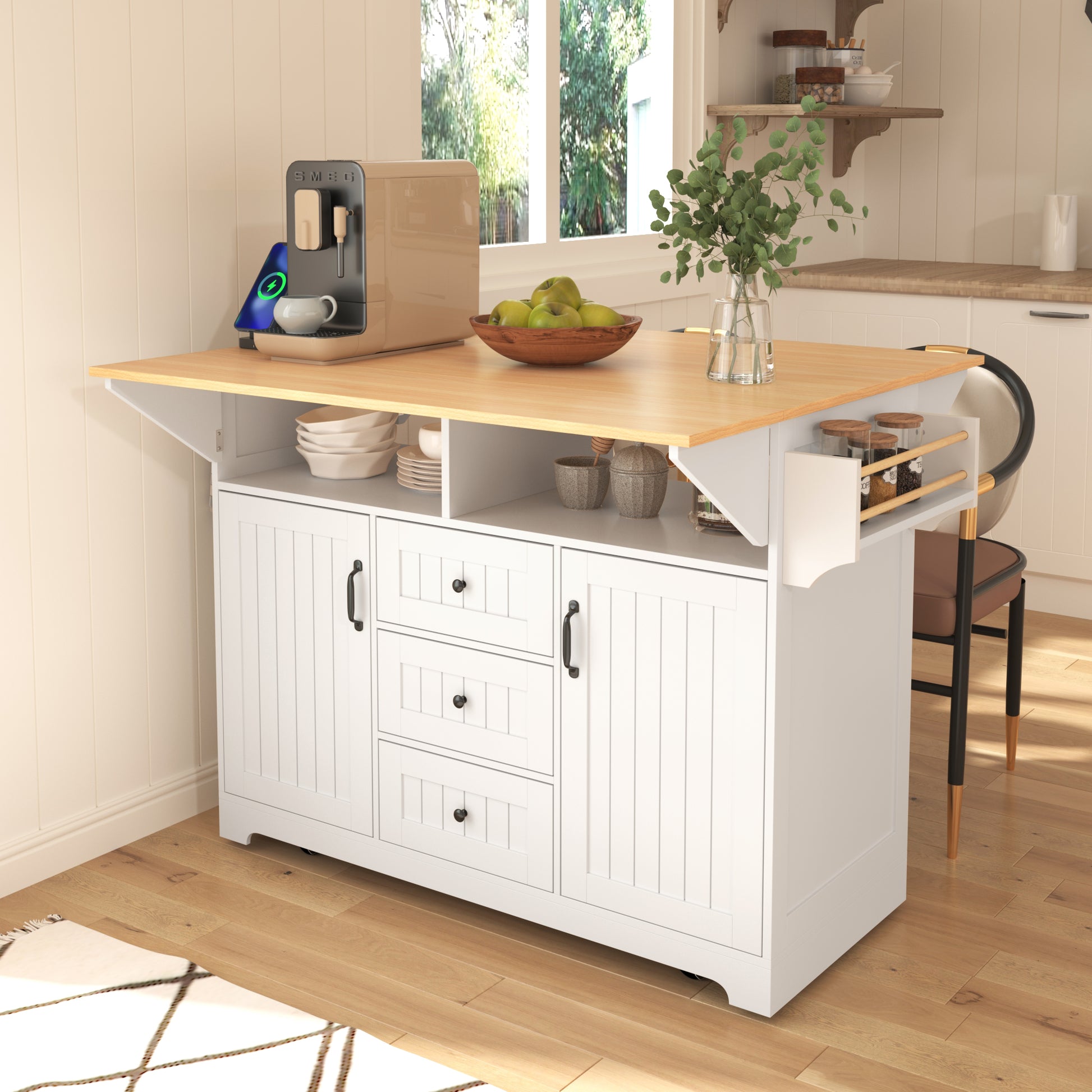 K&K 55.7'' Large Kitchen Island With 2 Drop Leaf, Rolling Kitchen Cart On 5 Wheels With Power Outlet, Folding Storage Dining Table With Spice & Towel Rack3 Drawers, For Kitchen, Dining Room,White White White Kitchen Classic,Farmhouse,Luxury,Modern