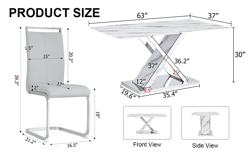 Table And Chair Set, Modern Dining Table, Imitation Marble White Top And Silver Legs, Soft And Comfortable Dining Chair, Perfect For Dinner, Meetings, Home And Office Decor Grey Silver Glass Metal