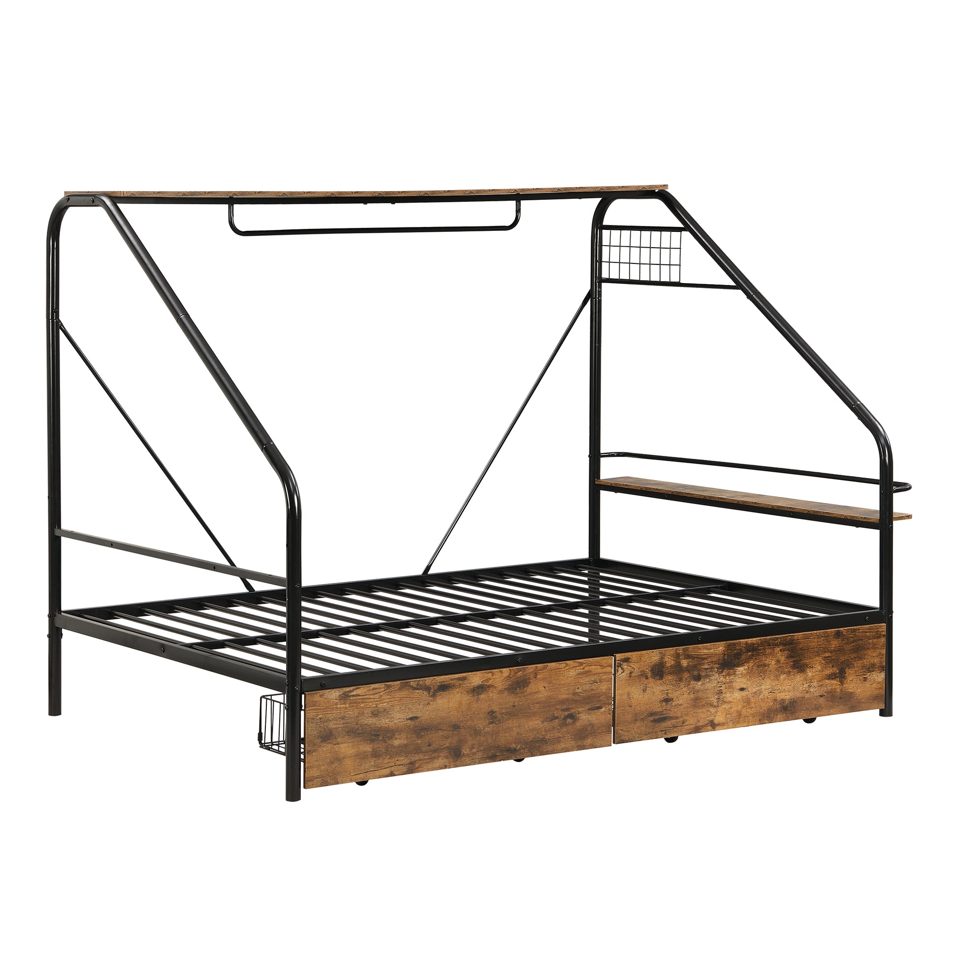 Full Size Metal Frame Platform Bed With Clothes Rack, Storage Shelves And 2 Drawers, Black Box Spring Not Required Full Black Metal Mdf Metal