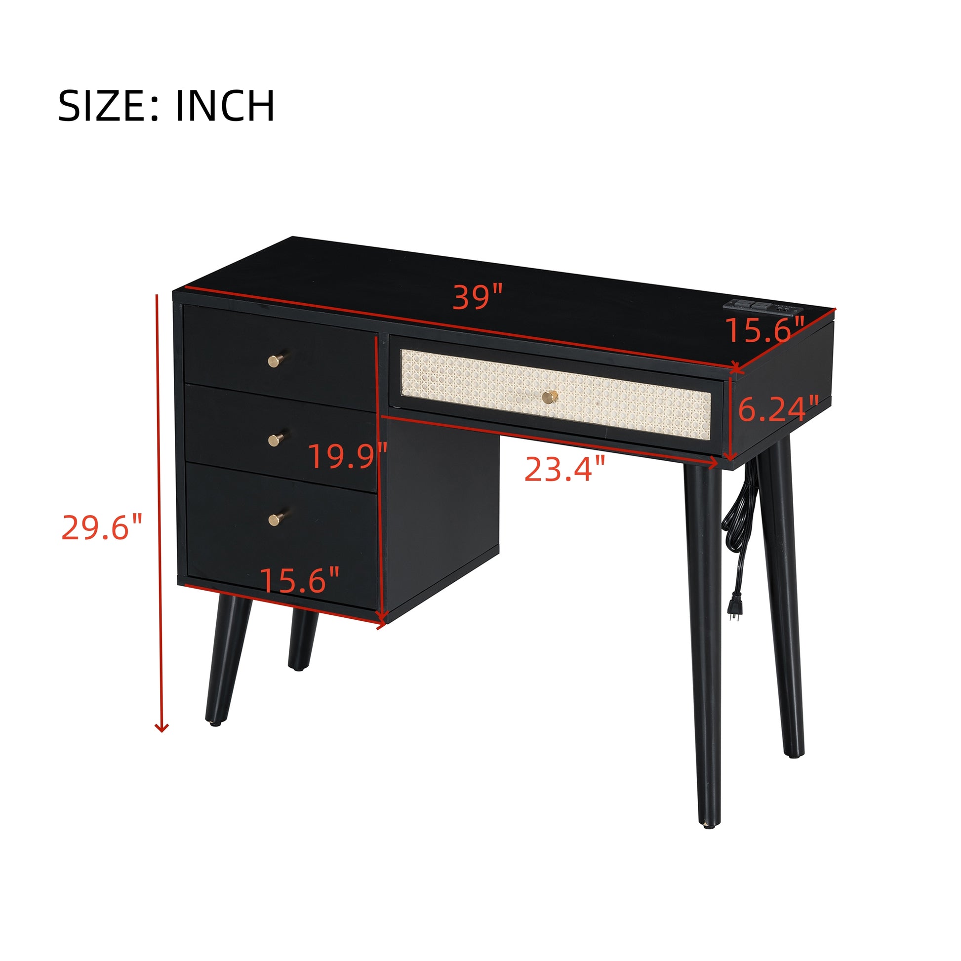 39" Retro Bohemian Style Wooden Makeup Vanity Set With Charging Plug&Usb Port And Stool, Dressing Table With 3 Storage Drawers And 1 Rectangular Rattan Drawer, Black Black 4 Drawers Wood