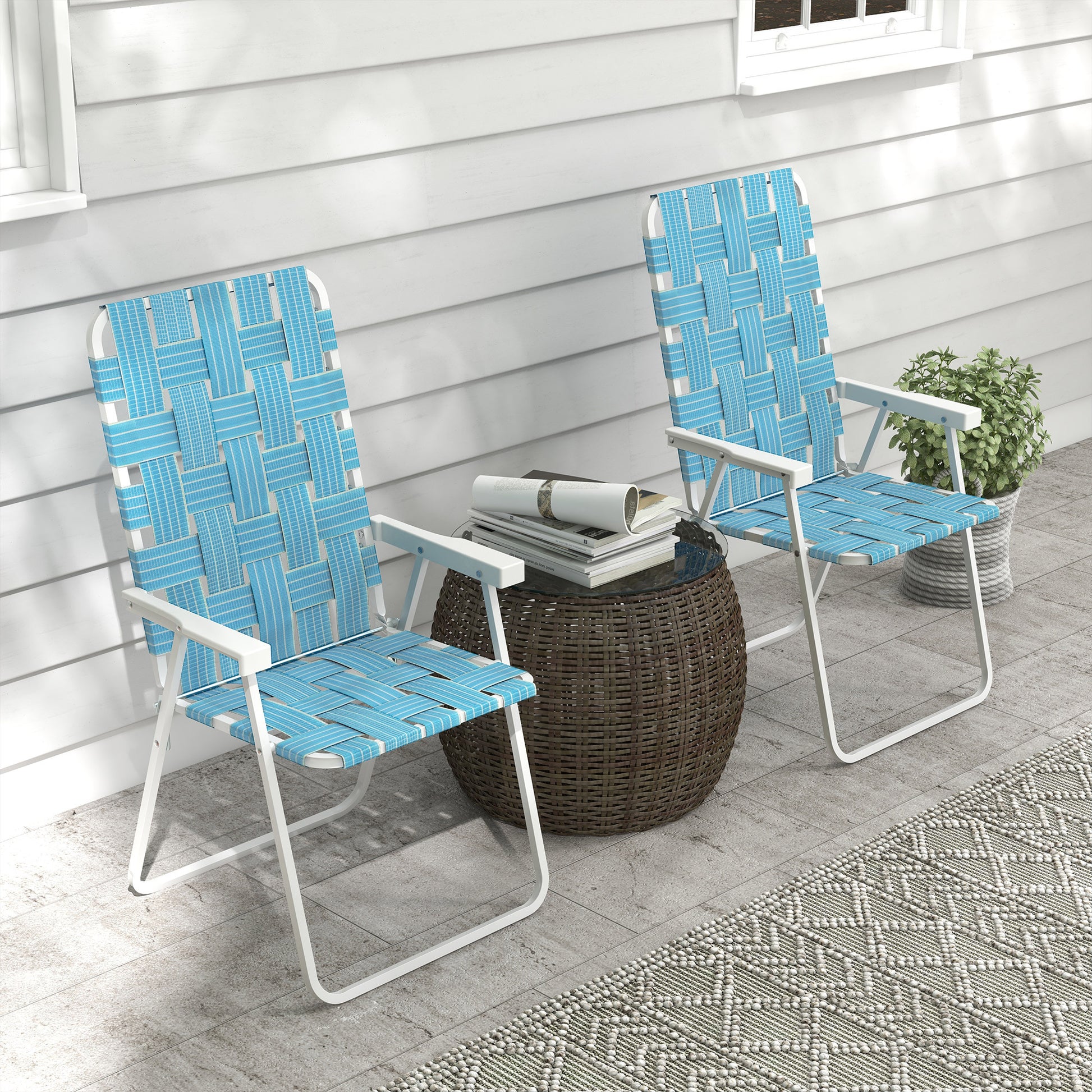 Outsunny Set Of 2 Patio Folding Chairs, Classic Outdoor Camping Chairs, Portable Lawn Chairs For Camping, Garden, Pool, Beach, Backyard W Armrests, Blue Blue Steel