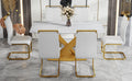 Table And Chair Set, The Table Is Equipped With A Marble Patterned Mdf Tabletop And Gold Table Legs.The Chair Is Equipped With Pu Synthetic Leather High Back Cushion And Gold Coated Metal Legs. Gold White Seats 6 Mdf Metal