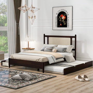Queen Size Wooden Rattan Platform Bed, With 2 Big Drawers, T Size Trundle, Espresso Queen Espresso Plywood