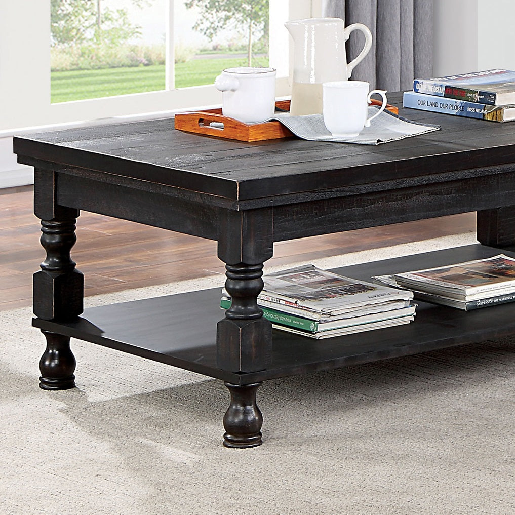 Rustic Style Antique Black 1Pc Coffee Table Open Bottom Shelf Plank Style Table Top Living Room Furniture Antique Black Primary Living Space Classic,Contemporary,Modern,Rustic,Transitional Open Storage Rectangular Coffee & End Tables Solid Wood