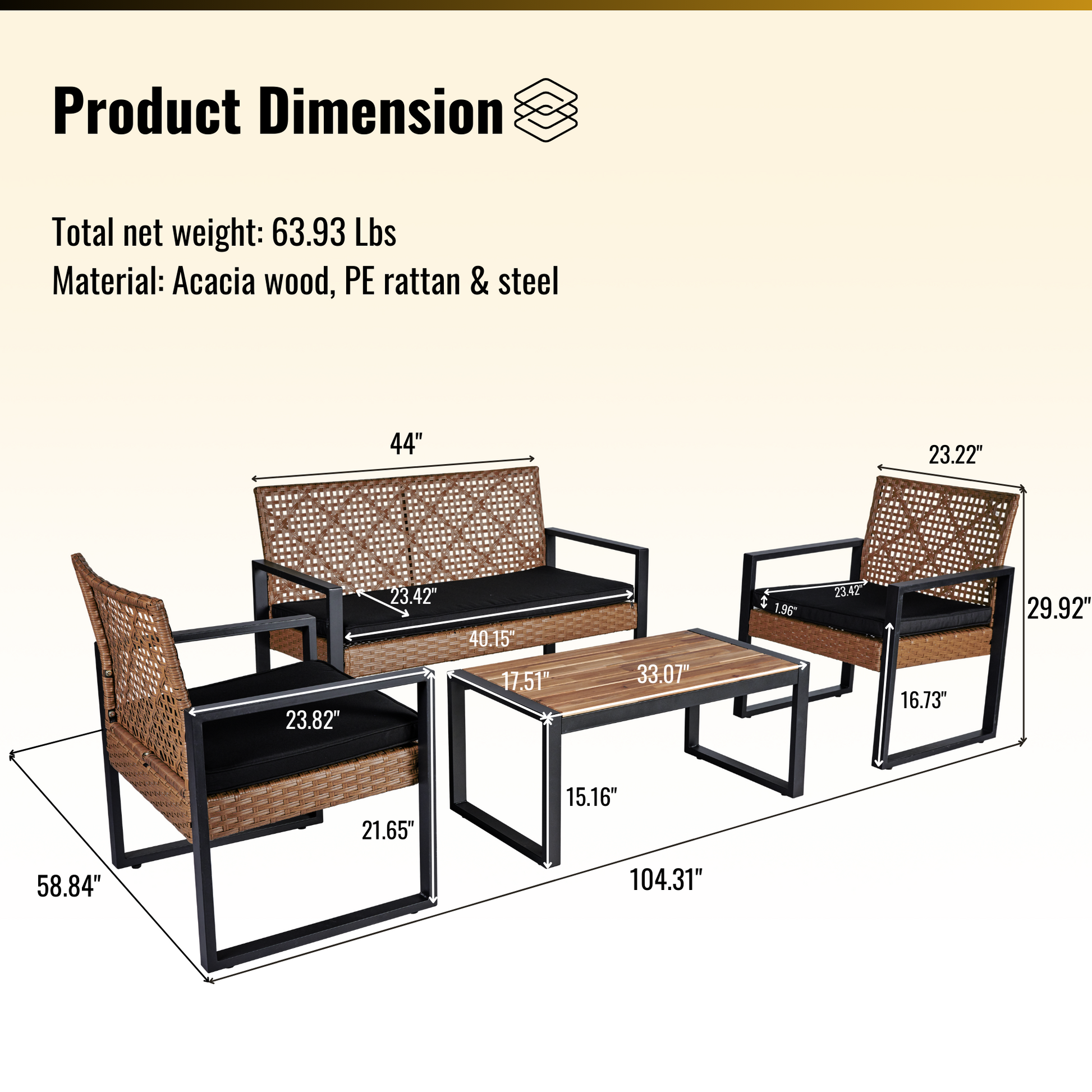 4 Piece Patio Furniture Set Outdoor Balcony Porch Garden Backyard Lawn Furniture Acacia Wood Table Top, Morden Black And Light Brown Yes Sectional Light Brown Seats 4 Rust Resistant Frame Water Resistant Cushion Garden & Outdoor American Design,American