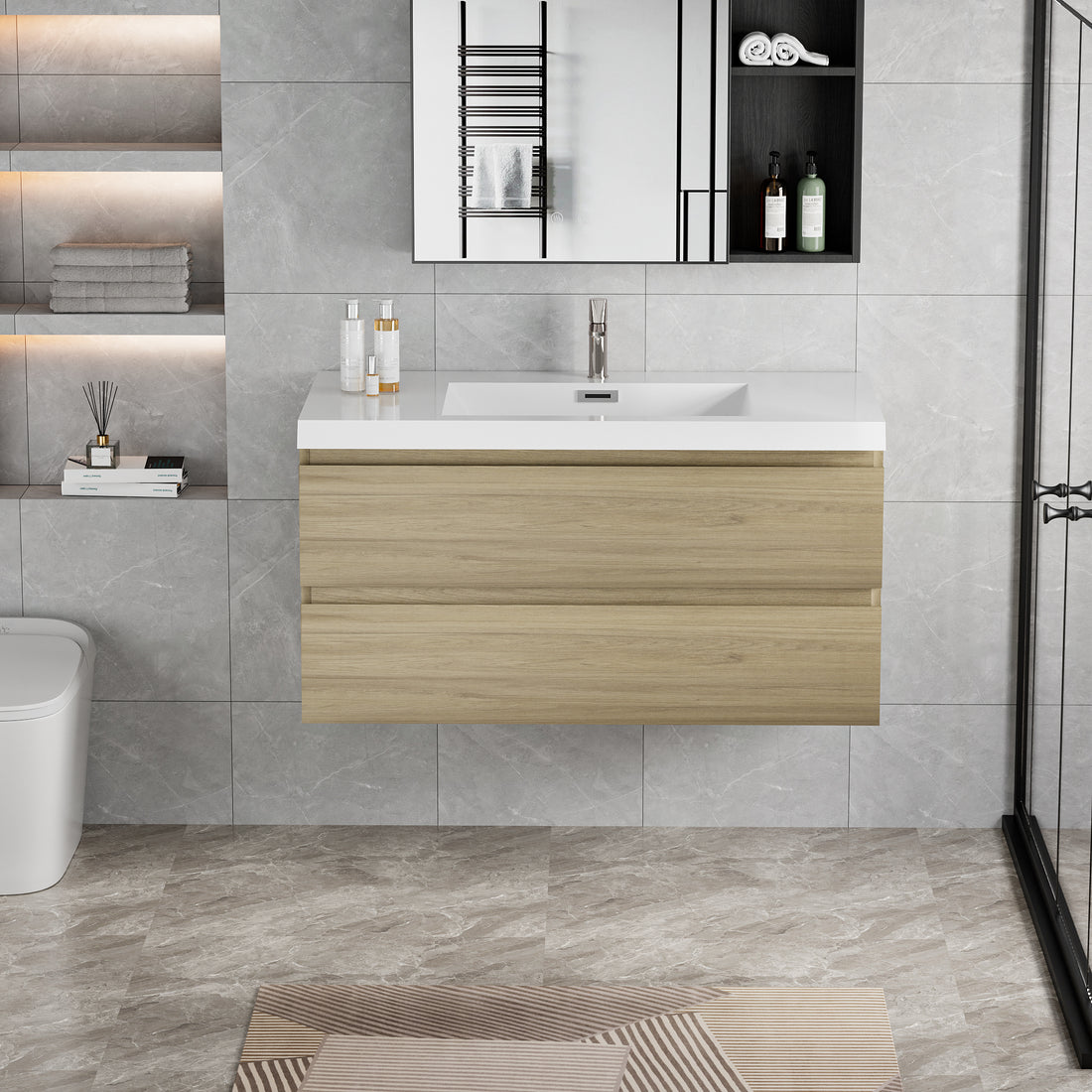 42" Floating Bathroom Vanity With Sink, Modern Wall Mounted Bathroom Storage Vanity Cabinet With Resin Top Basin And Soft Close Drawers, Natural Oak 24V11 42No 2 Oak Bathroom Wall Mounted Wood