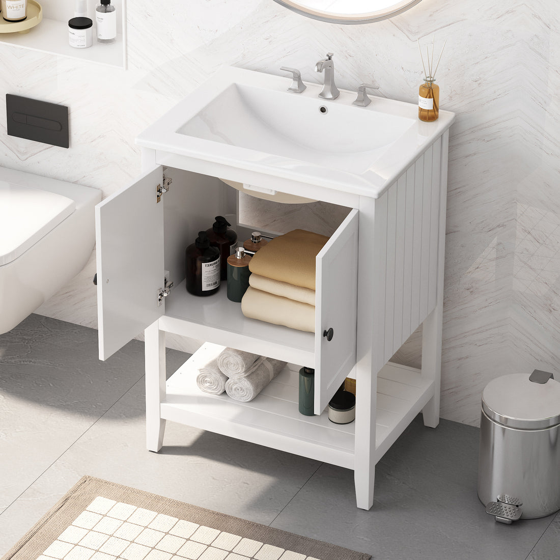 24" White Modern Sleek Bathroom Vanity Elegant Ceramic Sink With Solid Wood Frame Open Style Shelf White Solid Wood