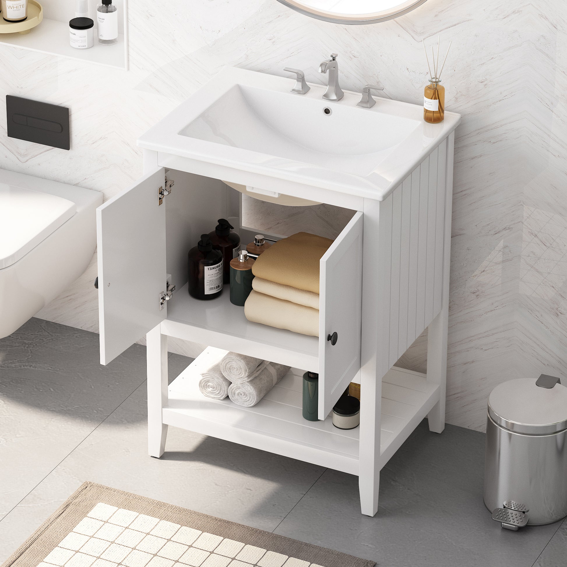 24" White Modern Sleek Bathroom Vanity Elegant Ceramic Sink With Solid Wood Frame Open Style Shelf White Solid Wood