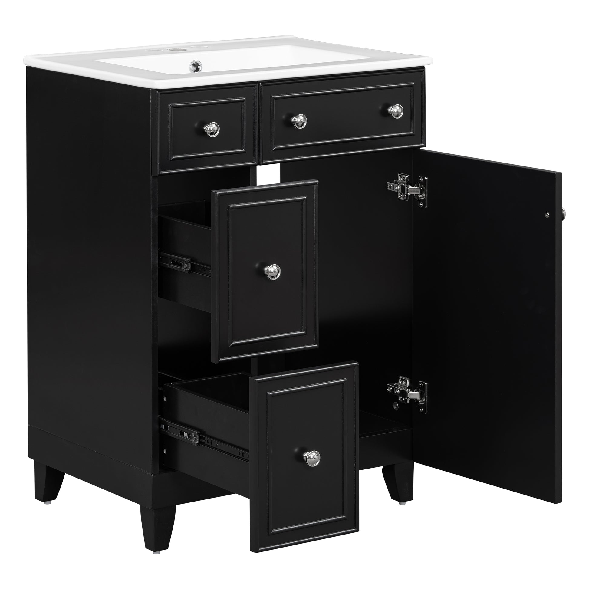 24 Inch Bathroom Vanity Cabinet With Ceramic Sink, 2 Drawers, 1 Door Black Bathroom Solid Wood Mdf