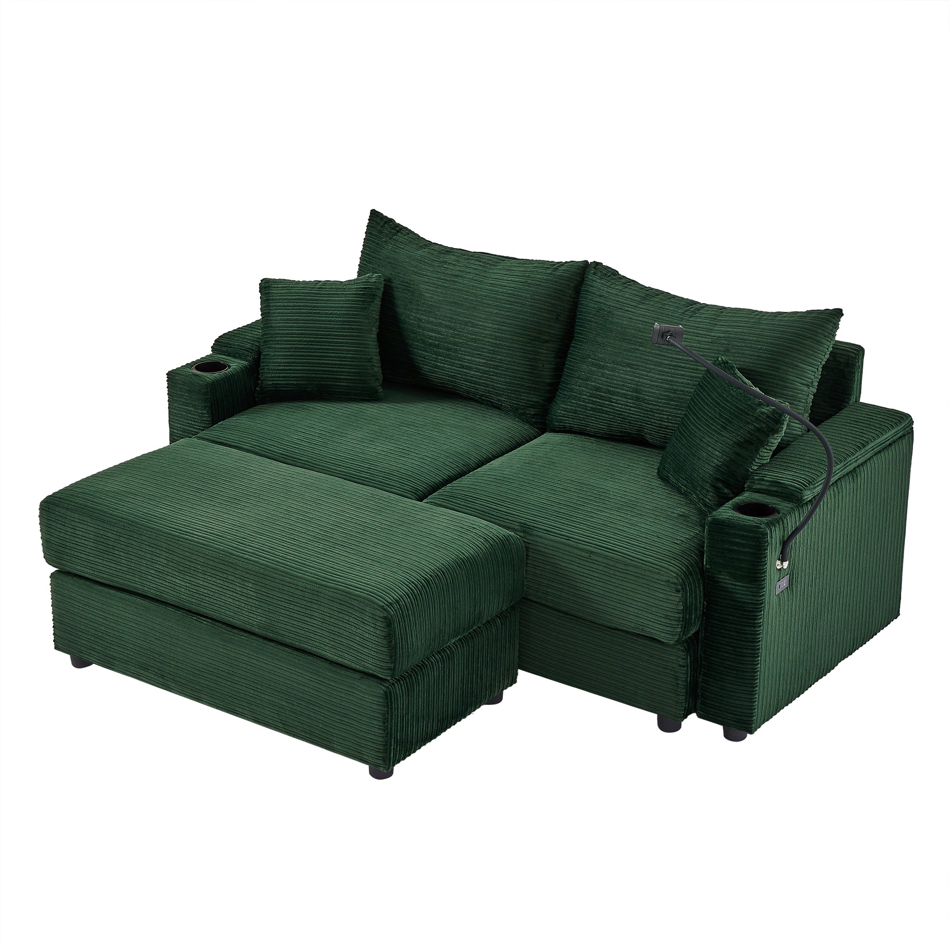 72.8" Modern Style Loveseat Sofa Sectional Sofa Couch With Storage Space, A Movable Ottoman, Two Usb Ports, Two Cup Holders, A Phone Holder For Living Room, Green Green Foam Corduroy 3 Seat