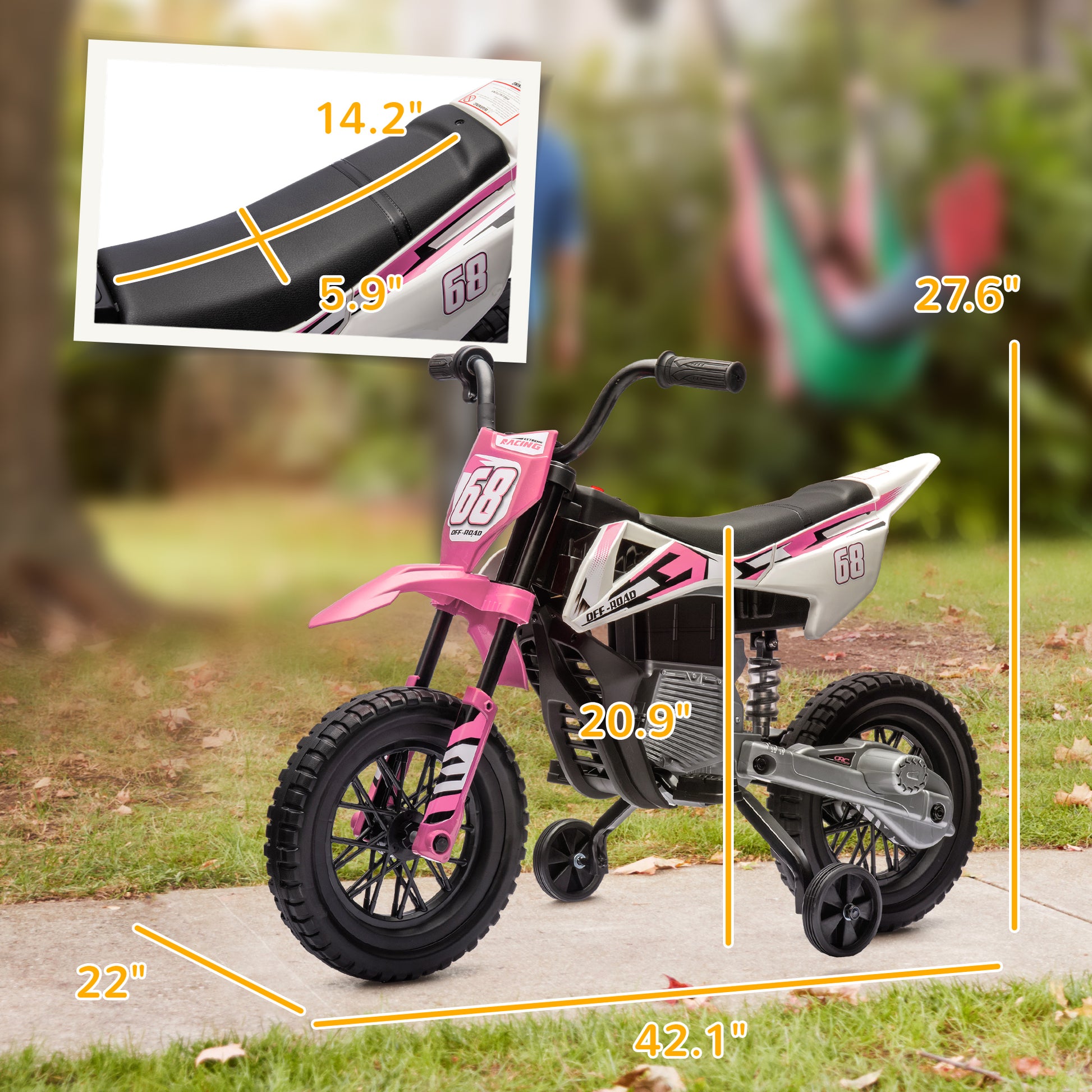 Qaba Kids Dirt Bike With Twist Grip Throttle, 12V Electric Motorcycle, Electric Bike For Toddler With Training Wheels, Rear Suspension & Music For Ages 3 6 Years, Pink Pink Plastic