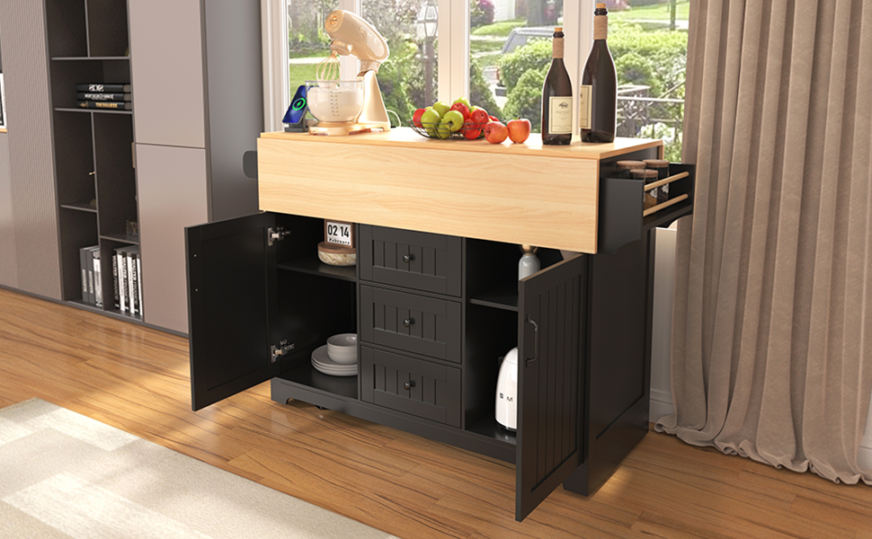 K&K 55.7'' Large Kitchen Island With 2 Drop Leaf, Rolling Kitchen Cart On 5 Wheels With Power Outlet, Folding Storage Dining Table With Spice & Towel Rack3 Drawers, For Kitchen, Dining Room,Black Black Brown Kitchen Classic,Farmhouse,Luxury,Modern