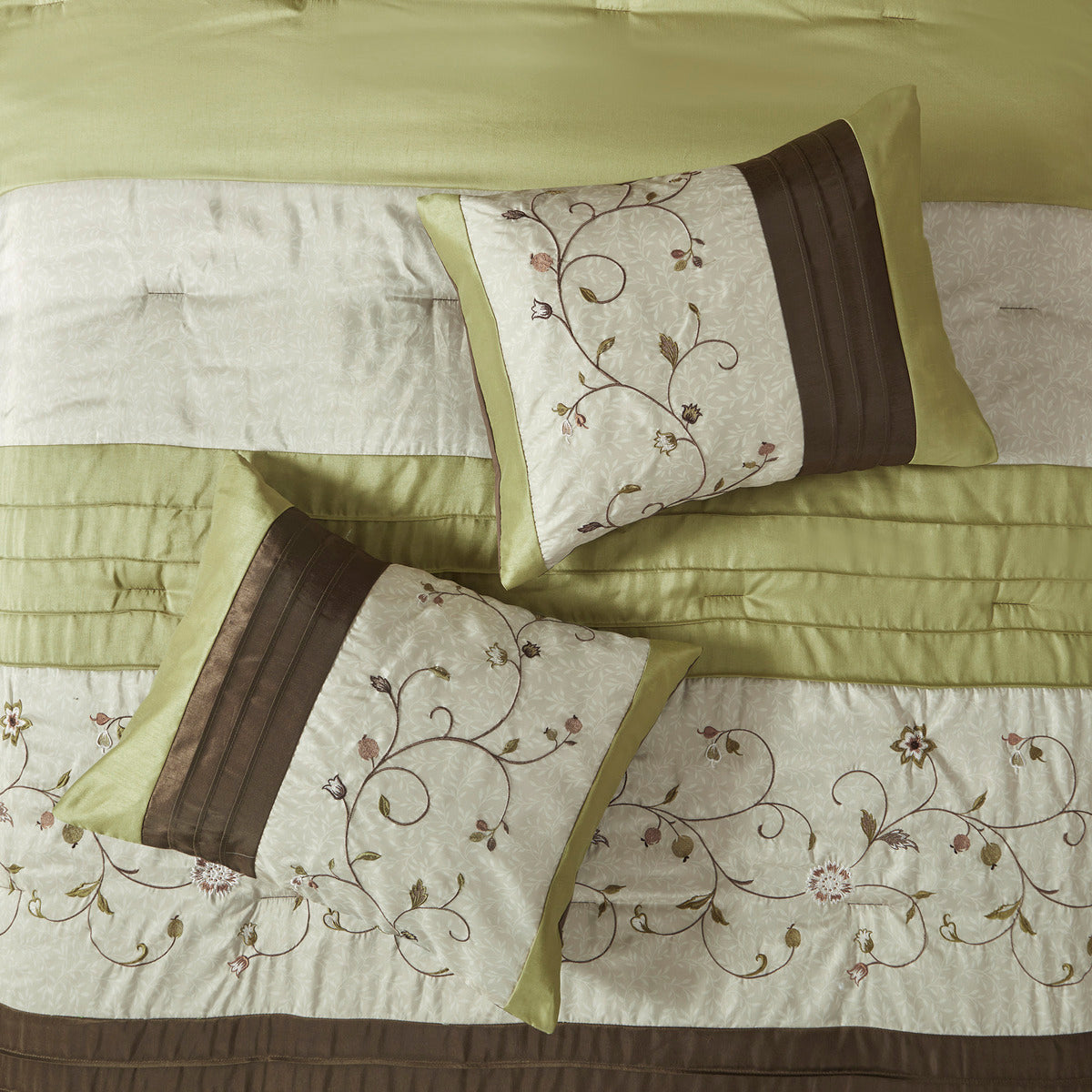 Embroidered 7 Piece Comforter Set Green King King Green Polyester