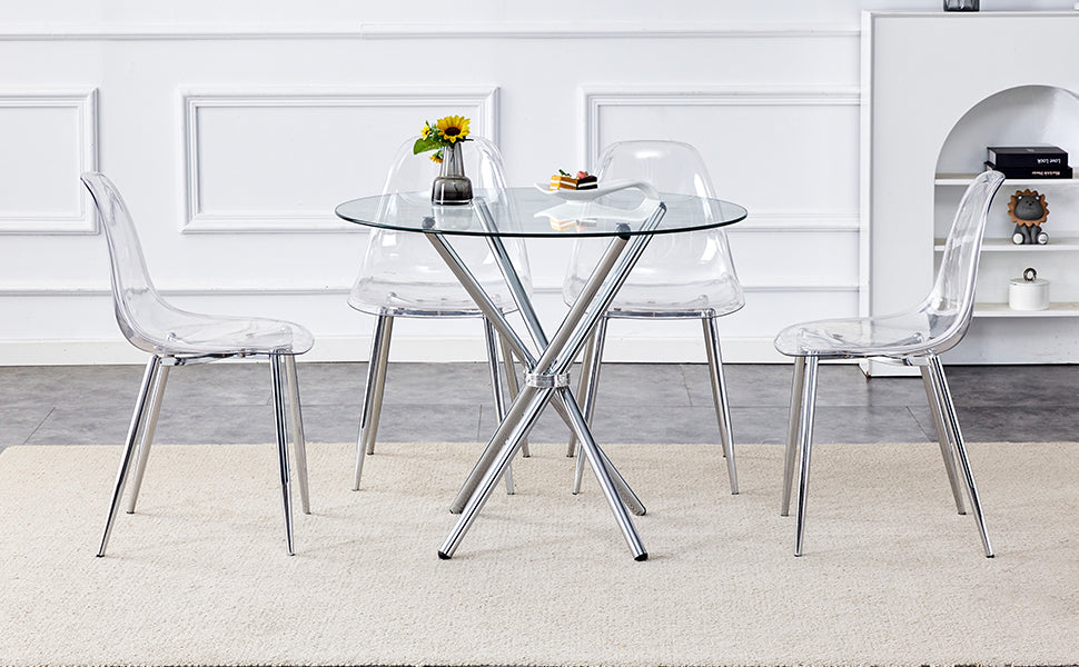 Table And Chair Set.36.6"Round Clear Glass Dining Table With A Unique Shape With Ring Shaped Gathered Silver Metal Legs.Paired With 4 Transparent High Quality Pp Dining Chairs With Silver Legs.