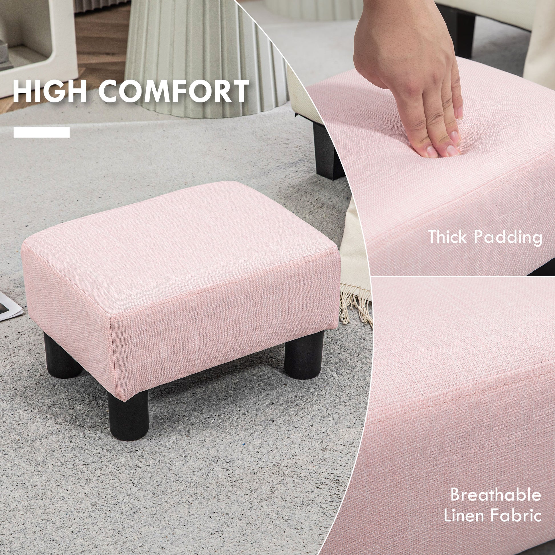 Homcom Ottoman Foot Rest, Small Foot Stool With Linen Fabric Upholstery And Plastic Legs, Cube Ottoman For Living Room, Pink Pink Linen