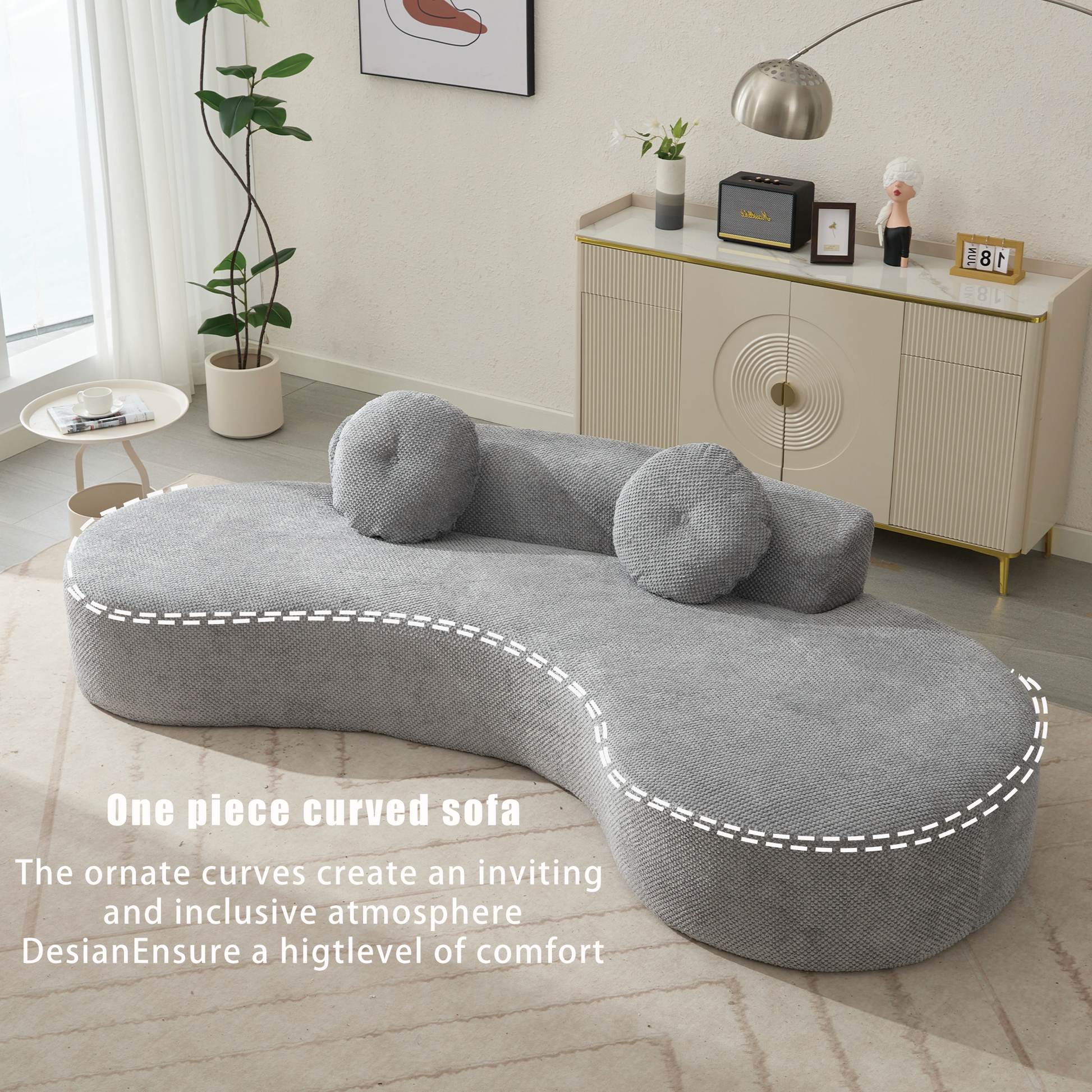 Arrived 105.5''Curved Sofa, Modern Minimalist Sofa, Cloud Couch Sofa 3 4 Seater Couch With 2 Pillows,Bedroom, No Assembly Required, Point Shaped Corduroy, Anti Wrinkle Gray Gray Polyester Primary Living Space Tight Back Soft Modern Foam Upholstered 3