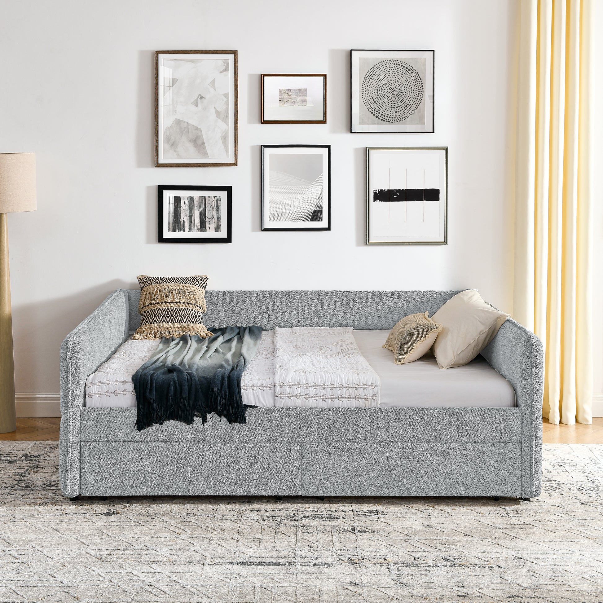 Daybed With Trundle Upholstered Tufted Sofa Bed, With Two Drawers, Queen Size, Boucle Fabric, Grey 88"X65.5"X29.5" Grey Boucle