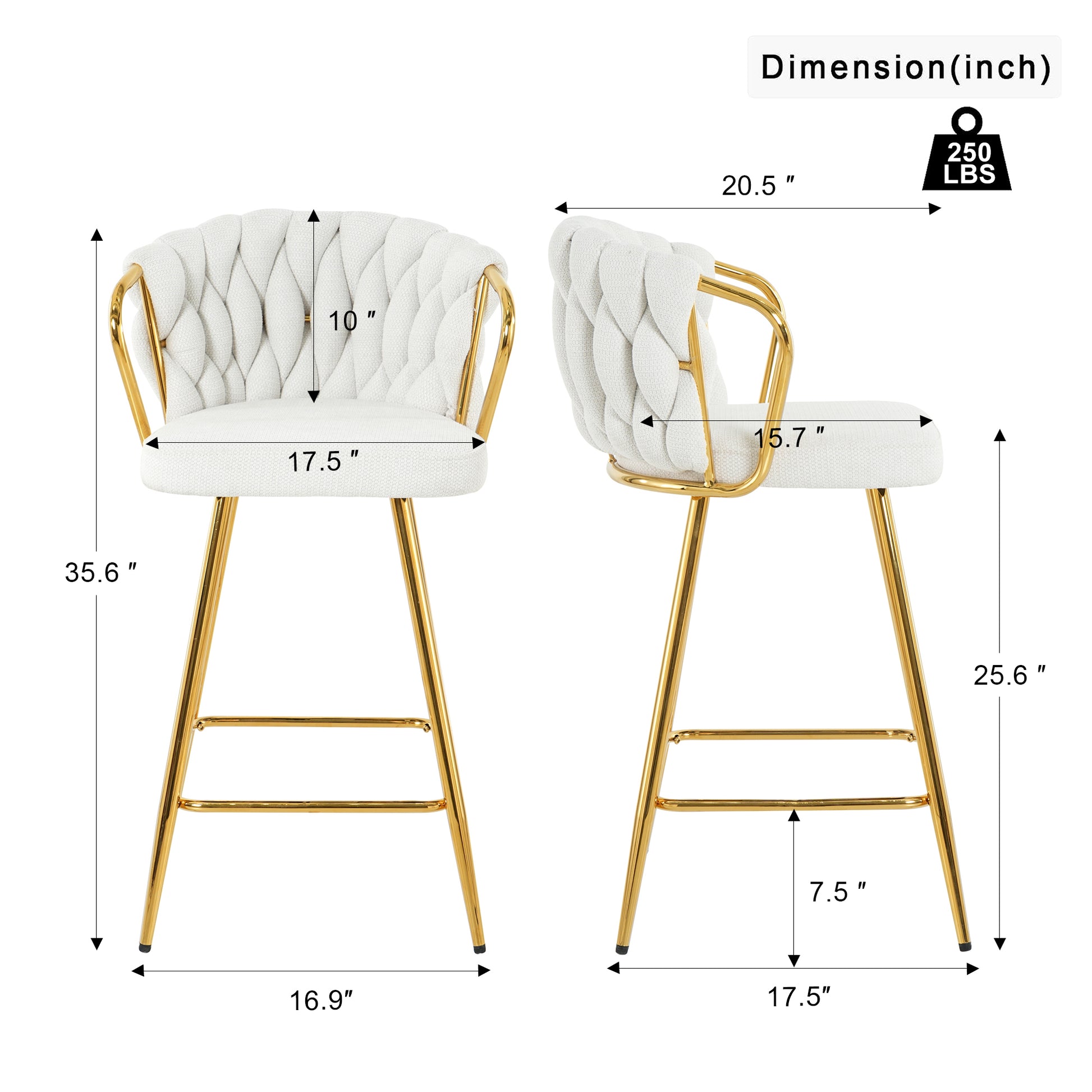 Modern Design High Stool Gold Plated Legs Kitchen Dining White Linen Bar Chair, Suitable For Cafe Bar Restaurant Set Of 2 Metal White Flannelette