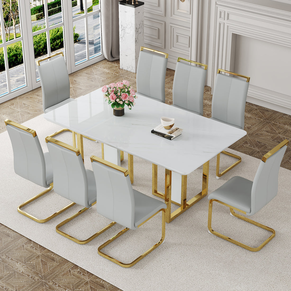 Table And Chair Set.67"X36" White Marble Pattern Mdf Dining Table Set With 8 Light Gray Pu Chairs.Mdf Sticker,White Marble Pattern Sticker,Gold C Tube Chair Legs,Suitable For Kitchen,Dining