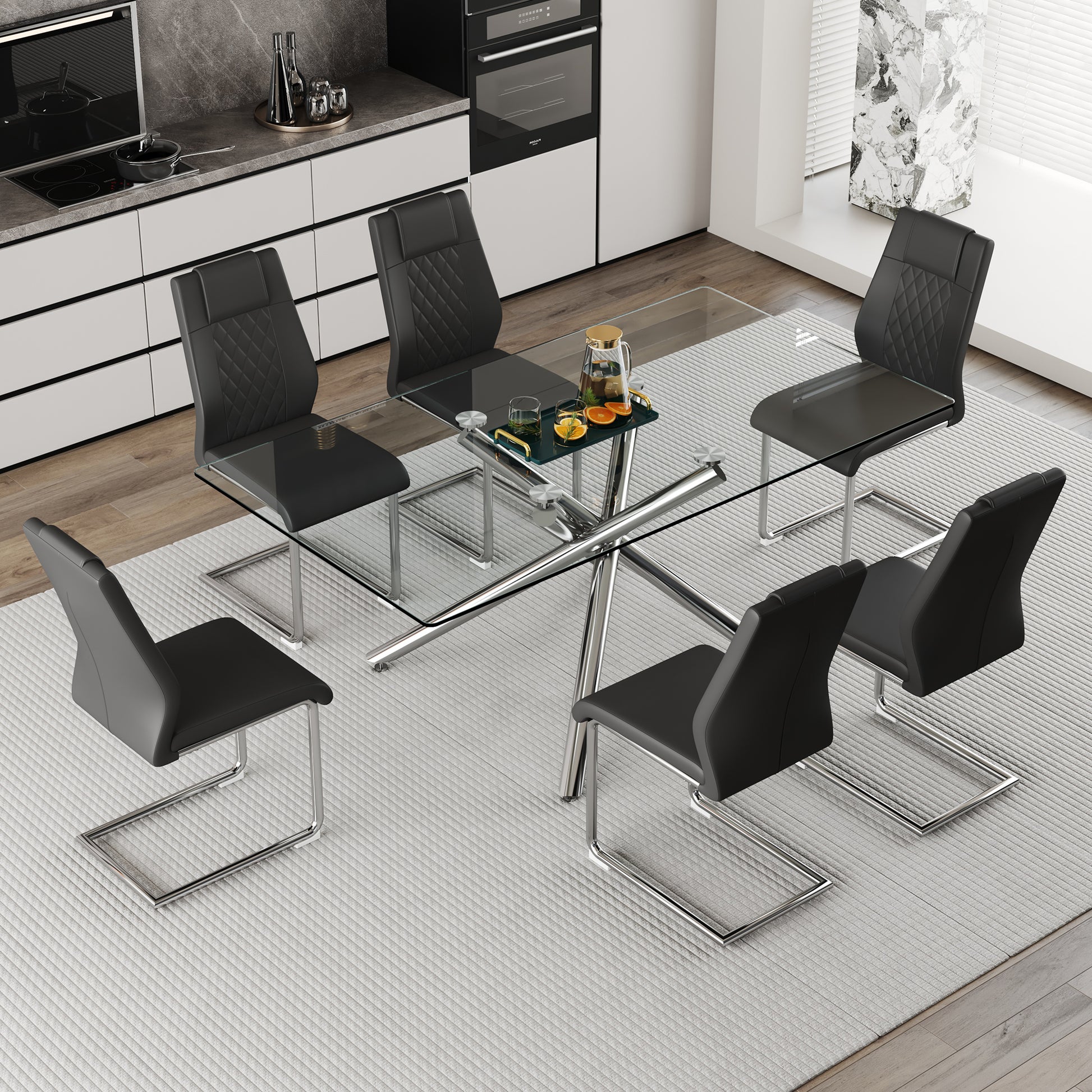 Table And Chair Set.Modern Luxurious Transparent Tempered Glass Dining Table Set With 6 Chairs.Single Fork Silver Metal Table Legs.Black High Quality Pu Dining Chairs With Silver Metal Legs.