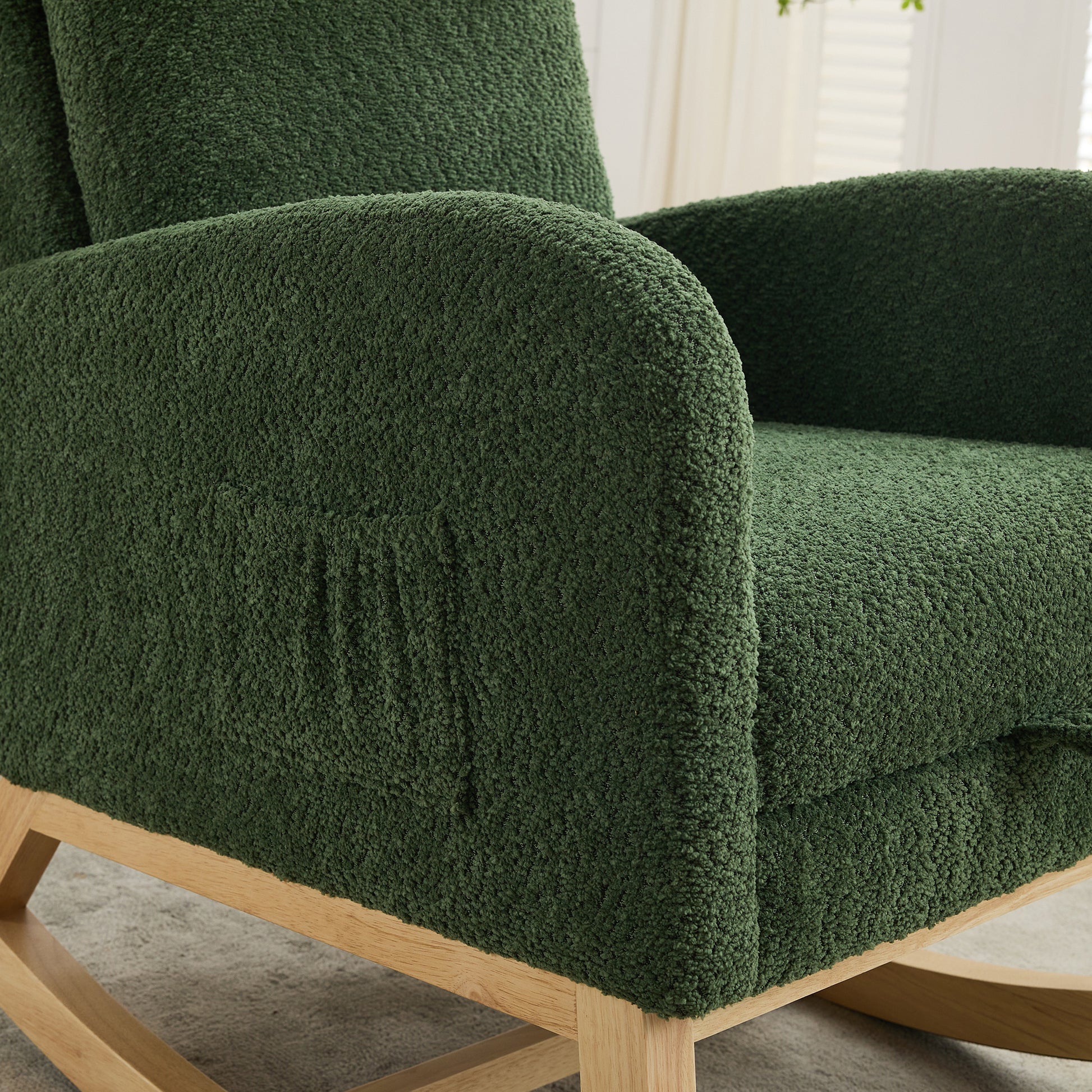 25.4"W Rocking Chair For Nursery, High Back Glider Chair With Retractable Footrest, Side Pocket, Rocking Accent Armchair With Rubber Wood Legs For Living Room Bedroom.Green Green Boucle