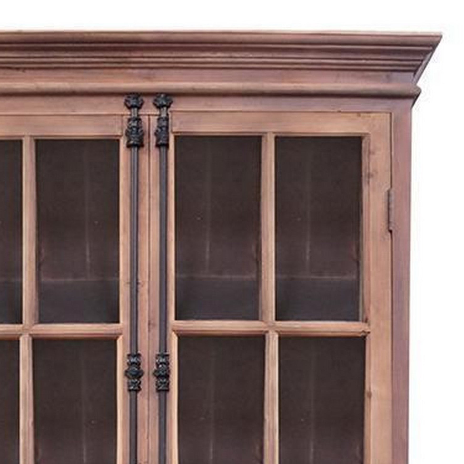 88 Inch Tall Cabinet, 4 Glass Panel French Doors, Crown Molding, Brown Black Brown Wood