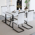 Table And Chair Set.A Modern Minimalist White Marble Veined Mdf Dining Table With Black Metal Frame.Paried With 4 Chairs With White Pu Cushions And C Tube Black Metal Legs. White Seats 4 Mdf Metal