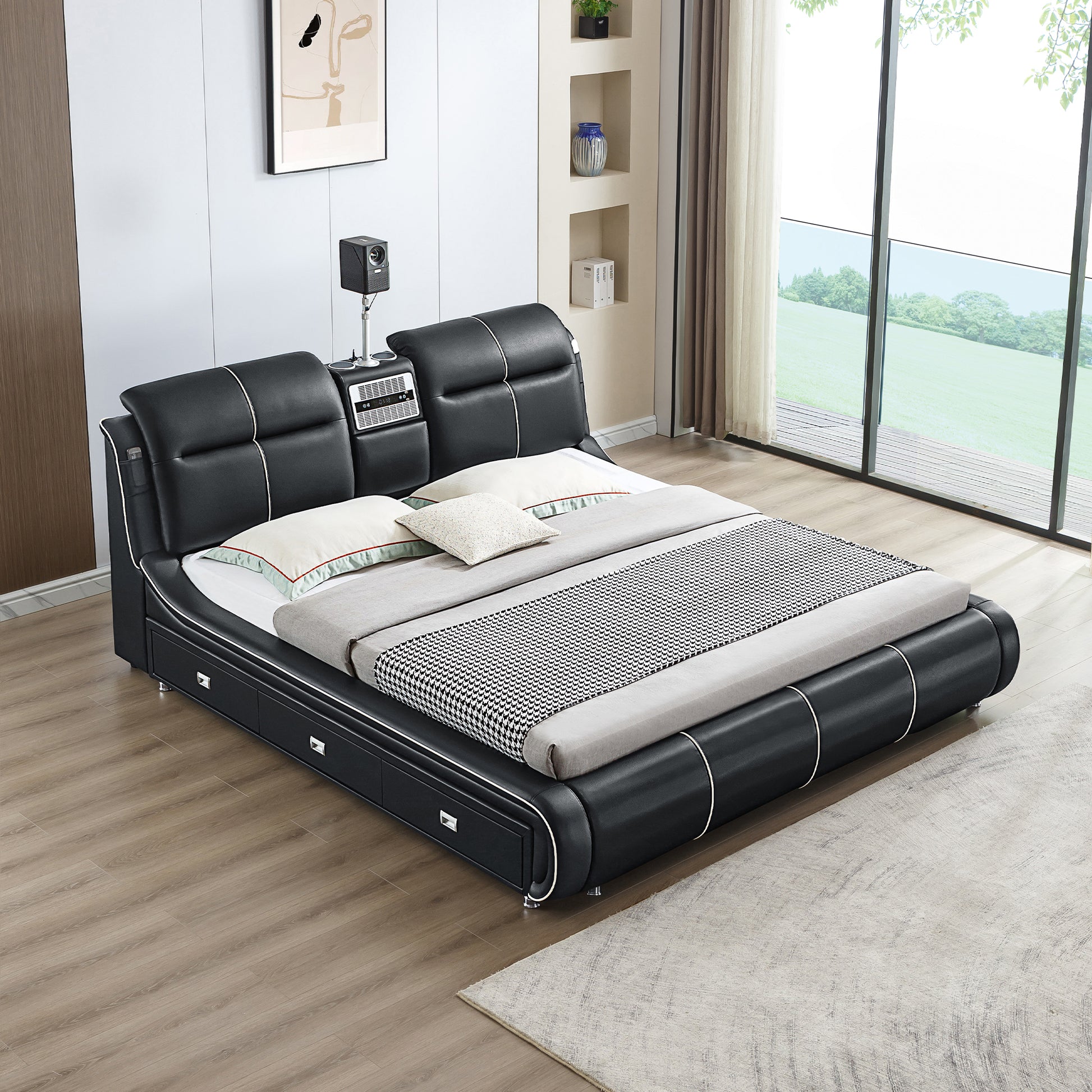 Multifunctional Upholstered Storage Bed Frame, Massage Chaise Lounge O