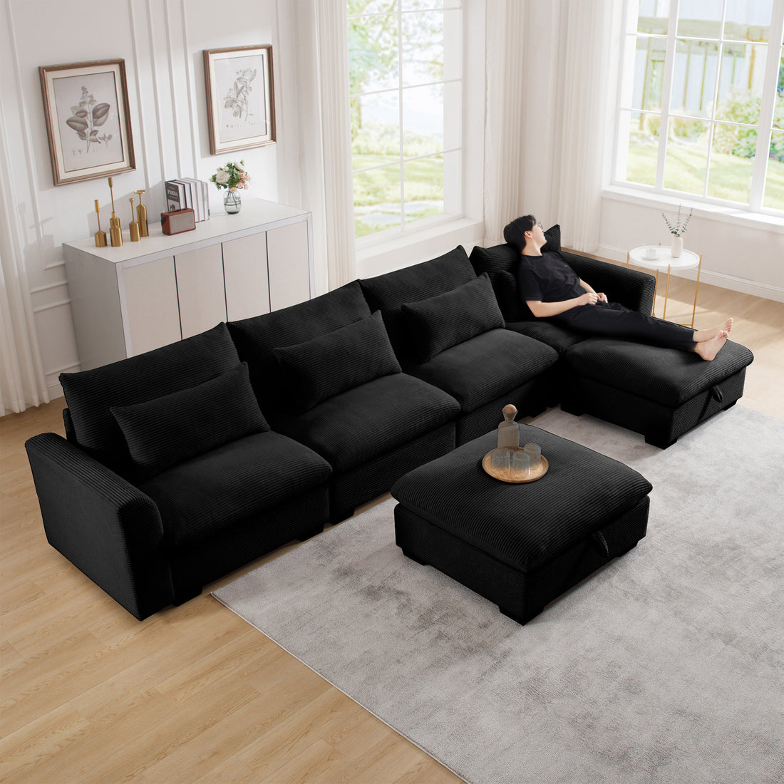 Big Deep Seat U Shaped Corduroy Sectional Couches For Living Room, 4 Seater Sofa Couch With 2 Storage Footstool And 4 Waist Pillows Corduroy, Black Black Corduroy 4 Seat