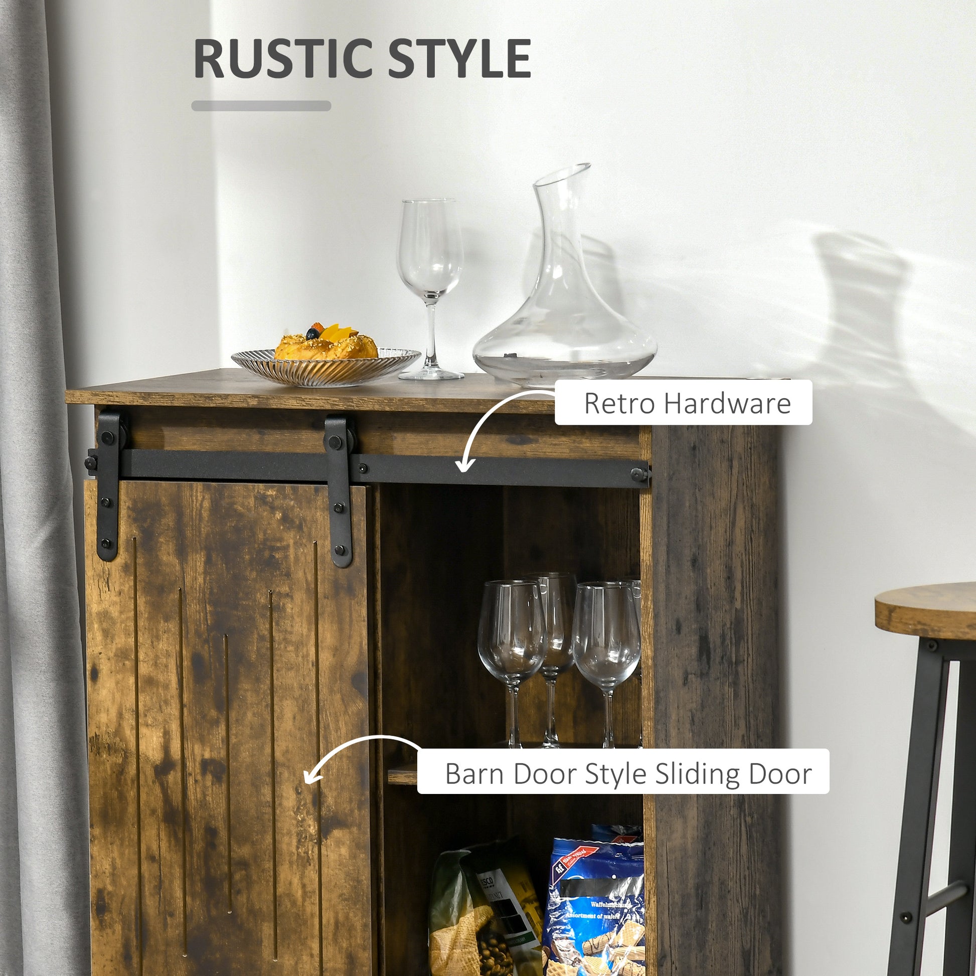 Homcom Industrial Wine Cabinet, Sideboard Storage Cabinet, Serving Bar Buffet With Sliding Barn Door And 6 Bottle Wine Rack, Brown Brown Mdf Steel