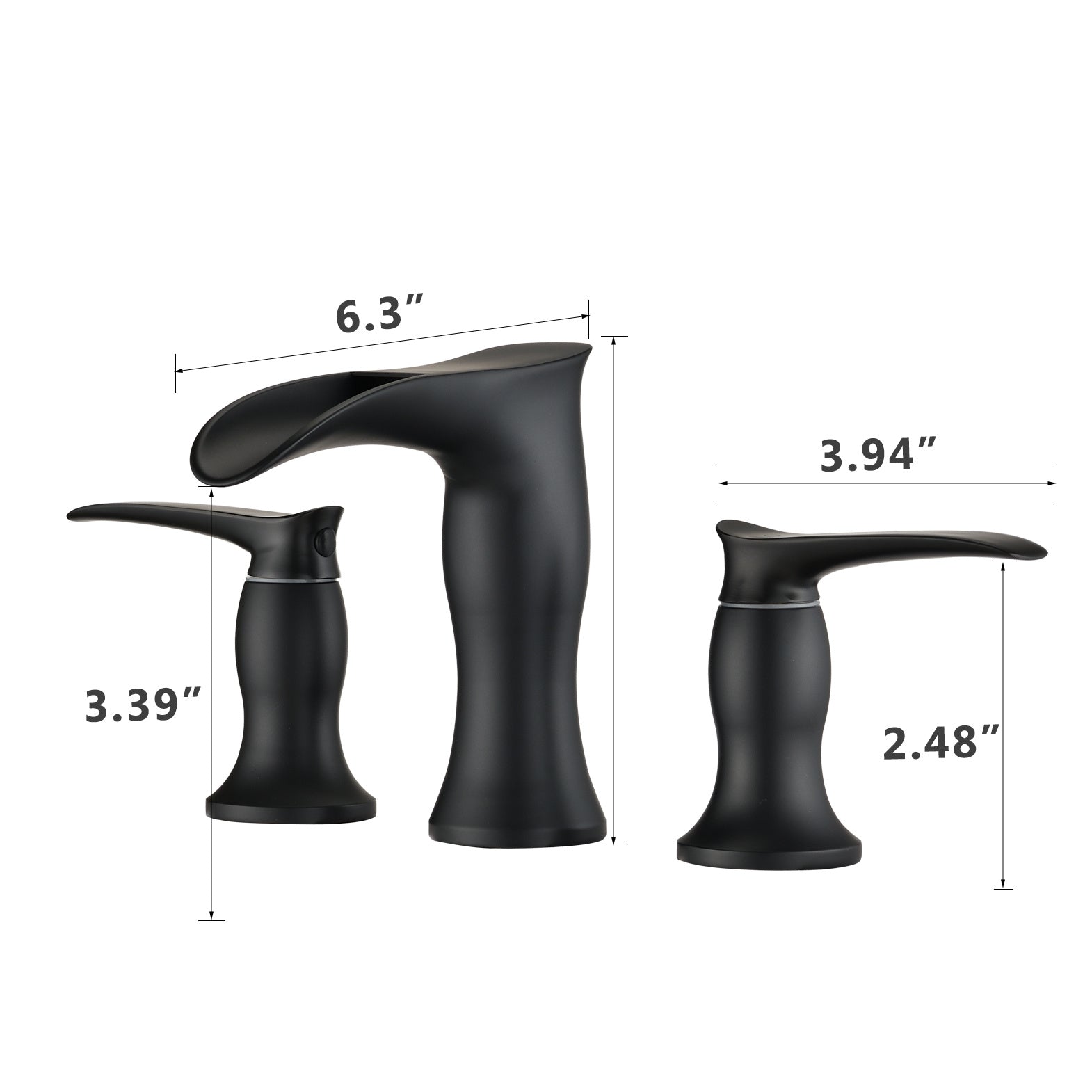 2 Handle 3 Hole Widespread Matte Black Waterfall Bathroom Faucet,8 Inch Vanity Sink Faucet Matte Black Brass