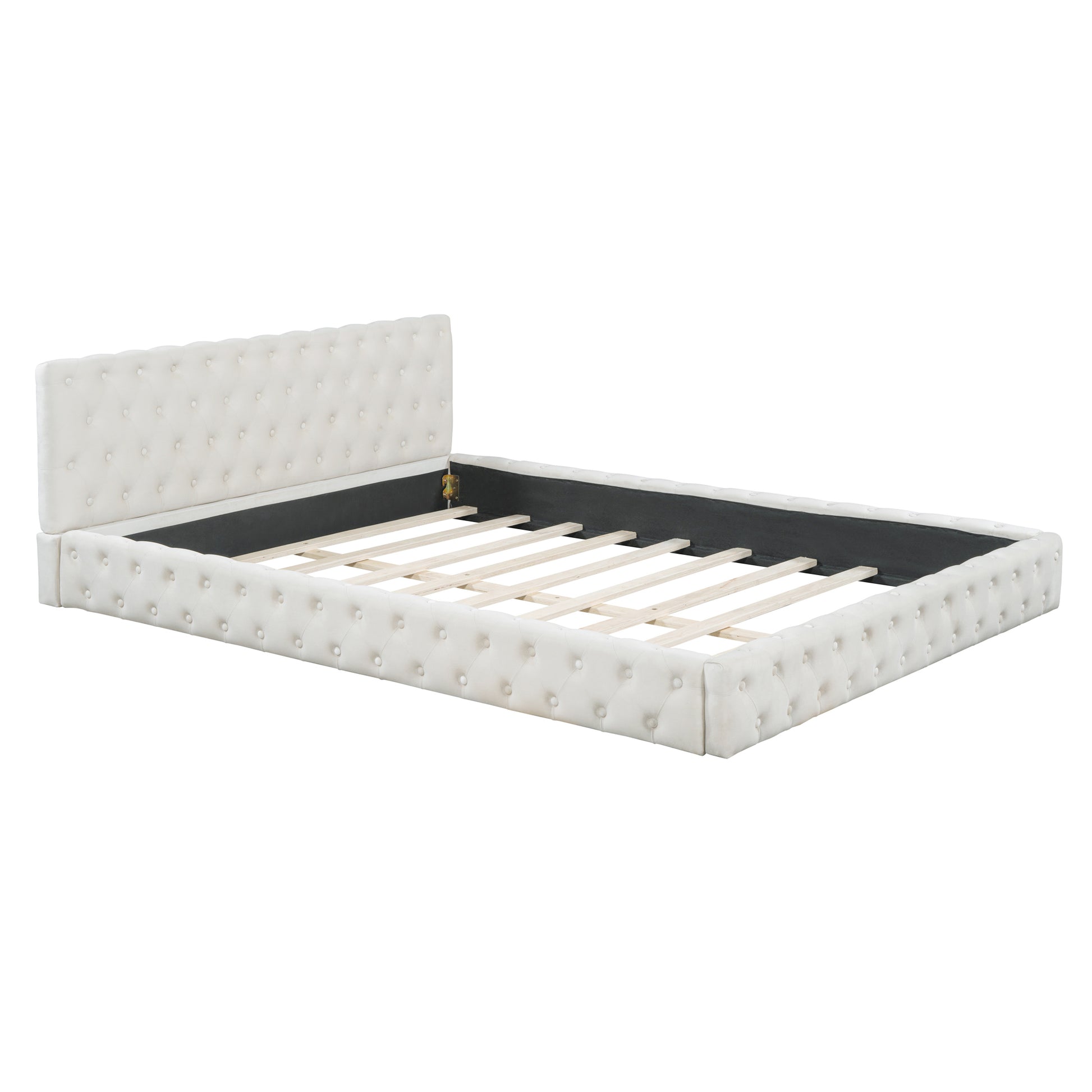 Queen Size Velvet Upholstered Platform Bed, With Luxurious Diamond Grid Headboard,Beige Queen Beige Plywood