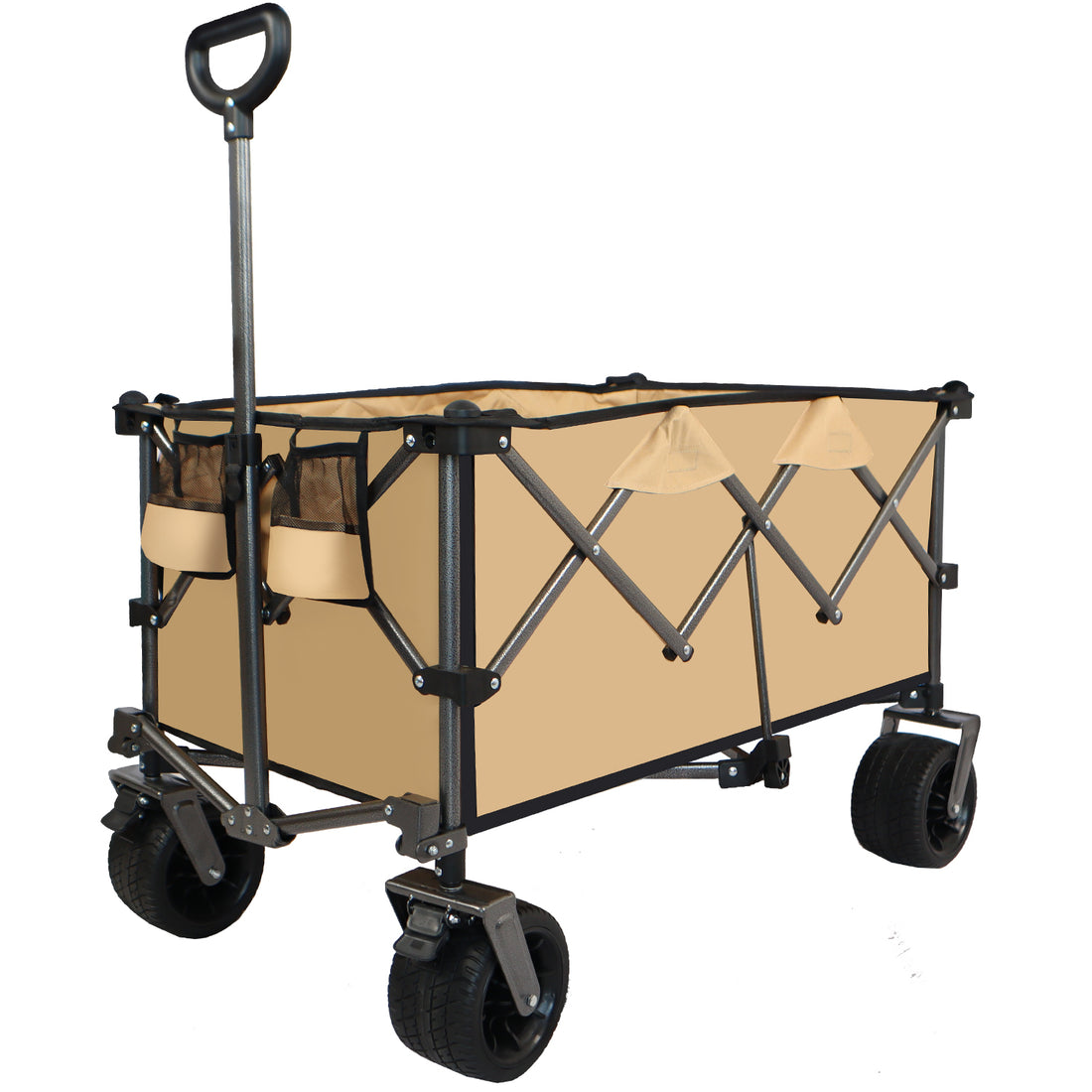 Collapsible Folding Wagon, Push Pull Foldable Beach Wagon Cart Grayish Brown Steel